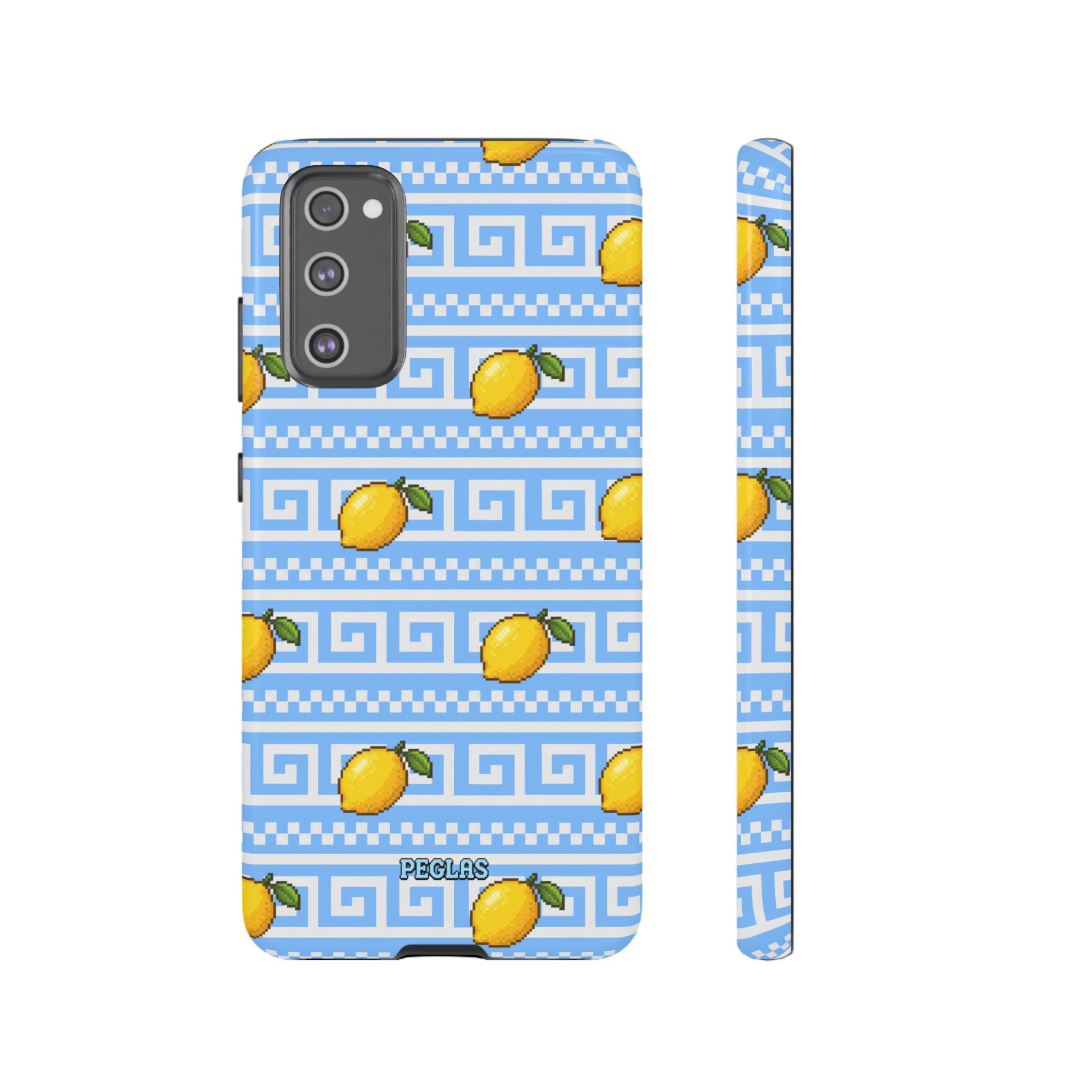 Lemon Greek Key Phone Case — Blue Citrus Pattern Tough Case