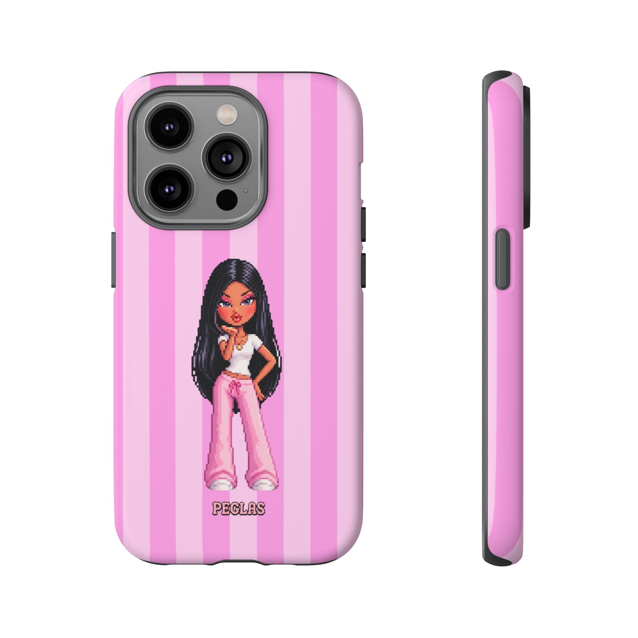 Pink Pixel Art Doll Phone Case — Y2K Baddie Girl Illustration