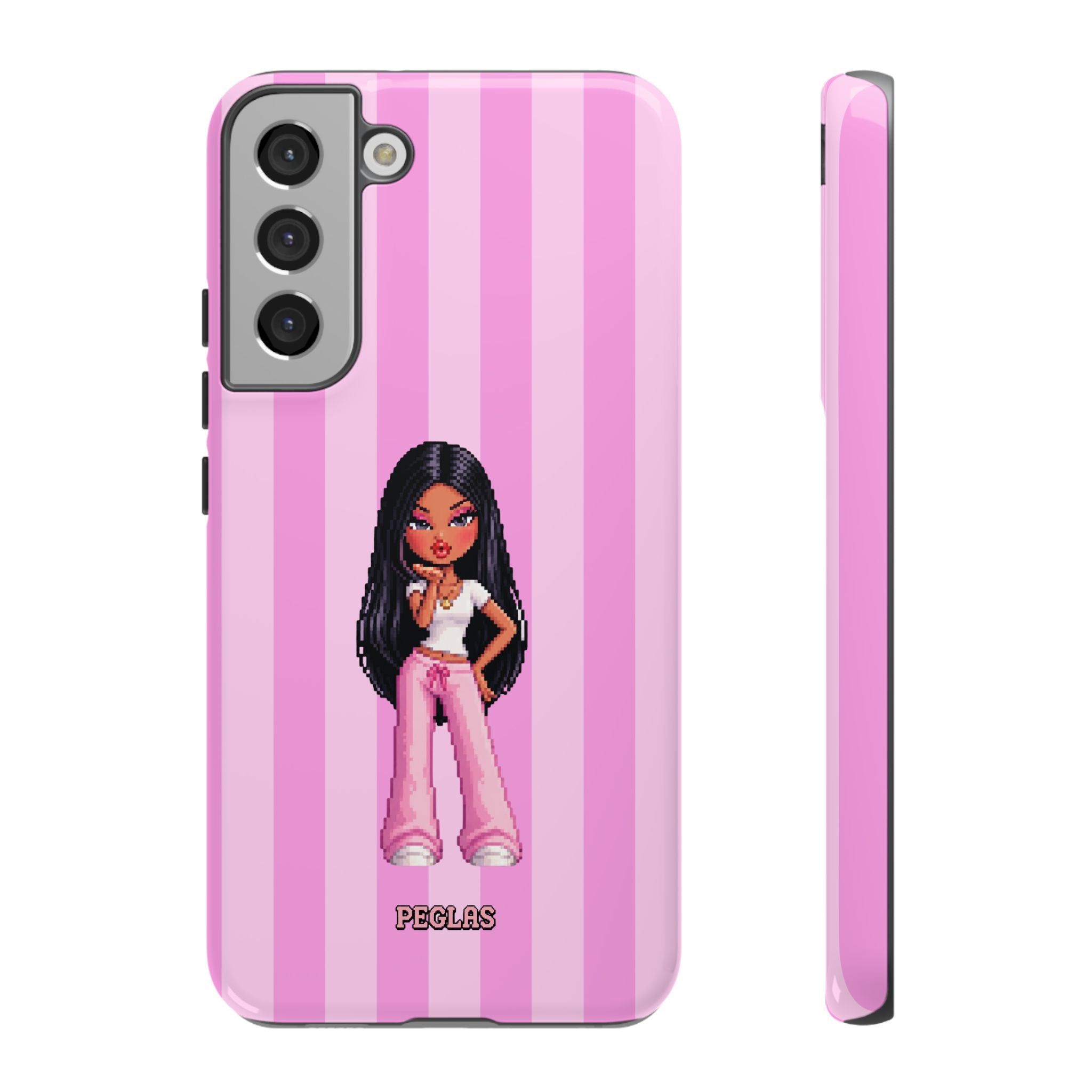 Pink Pixel Art Doll Phone Case — Y2K Baddie Girl Illustration