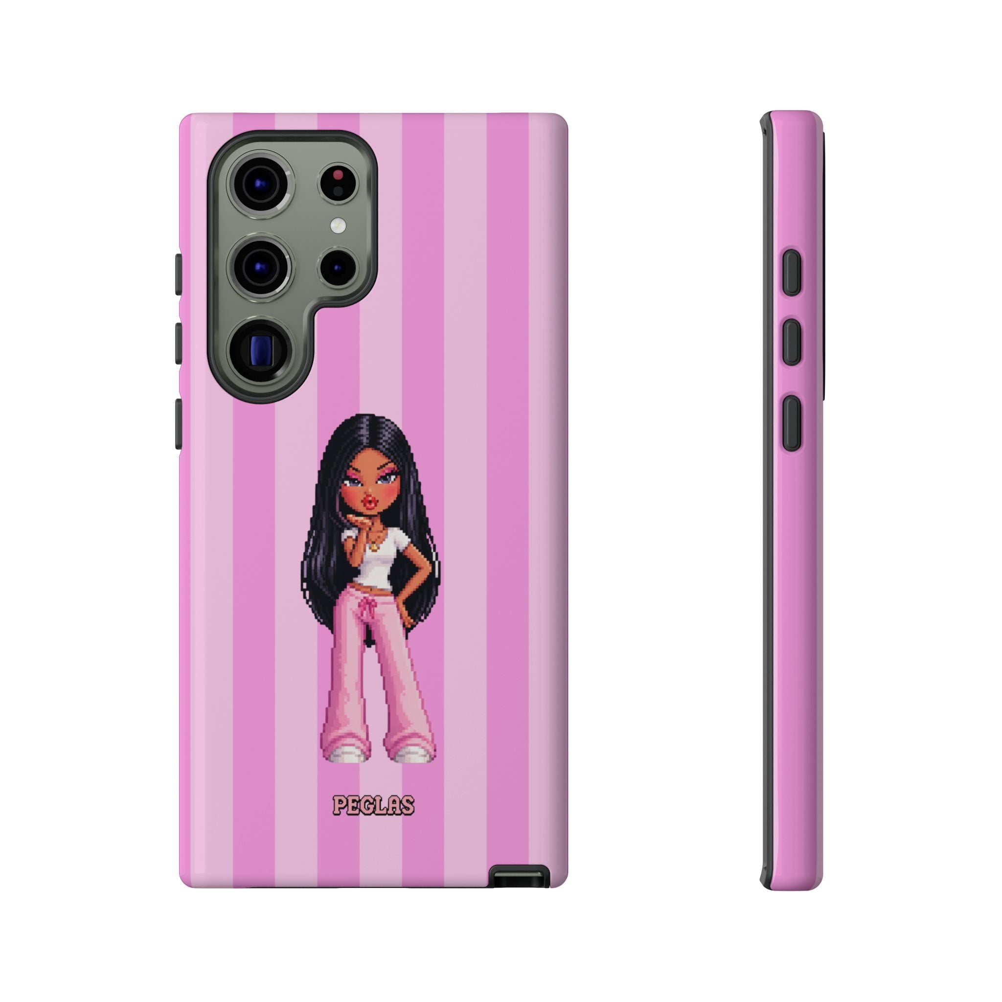 Pink Pixel Art Doll Phone Case — Y2K Baddie Girl Illustration
