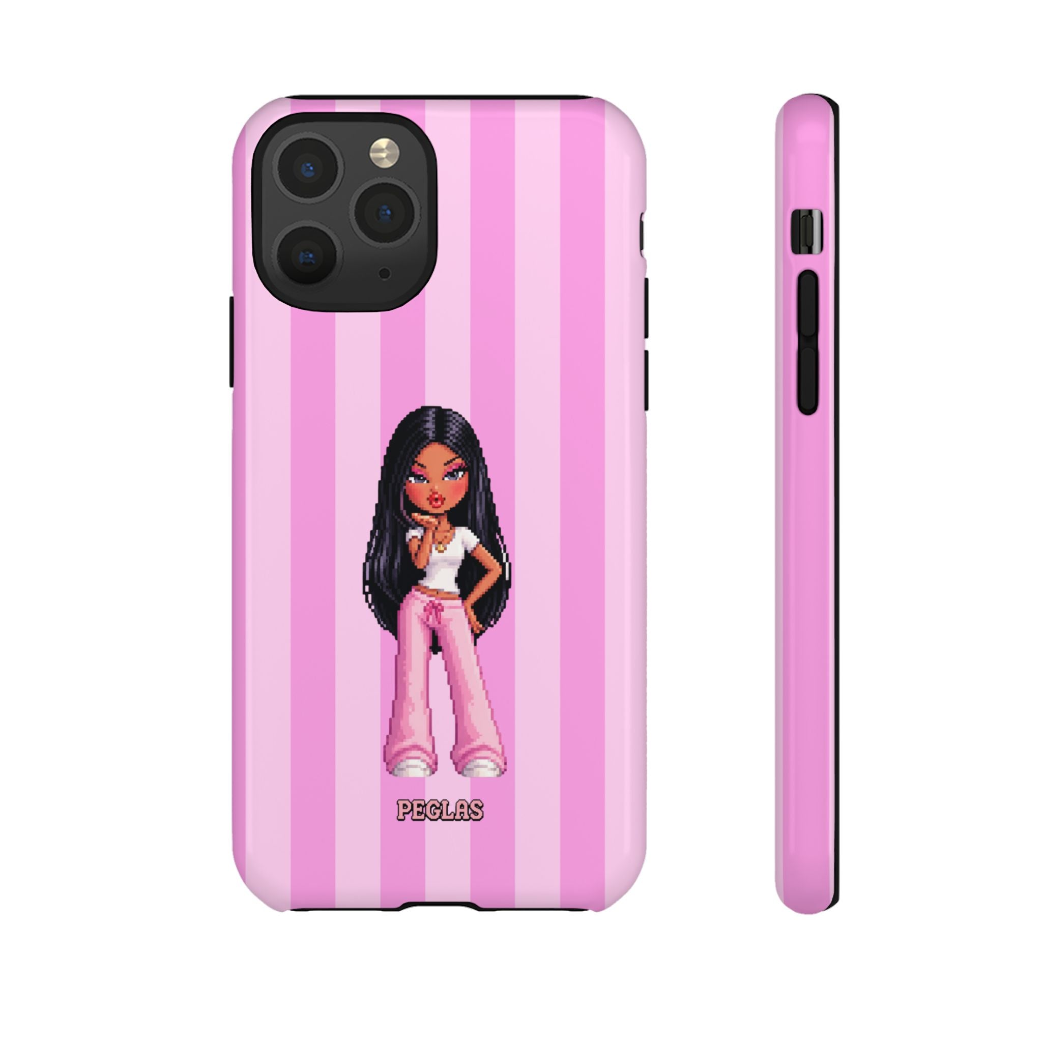 Pink Pixel Art Doll Phone Case — Y2K Baddie Girl Illustration