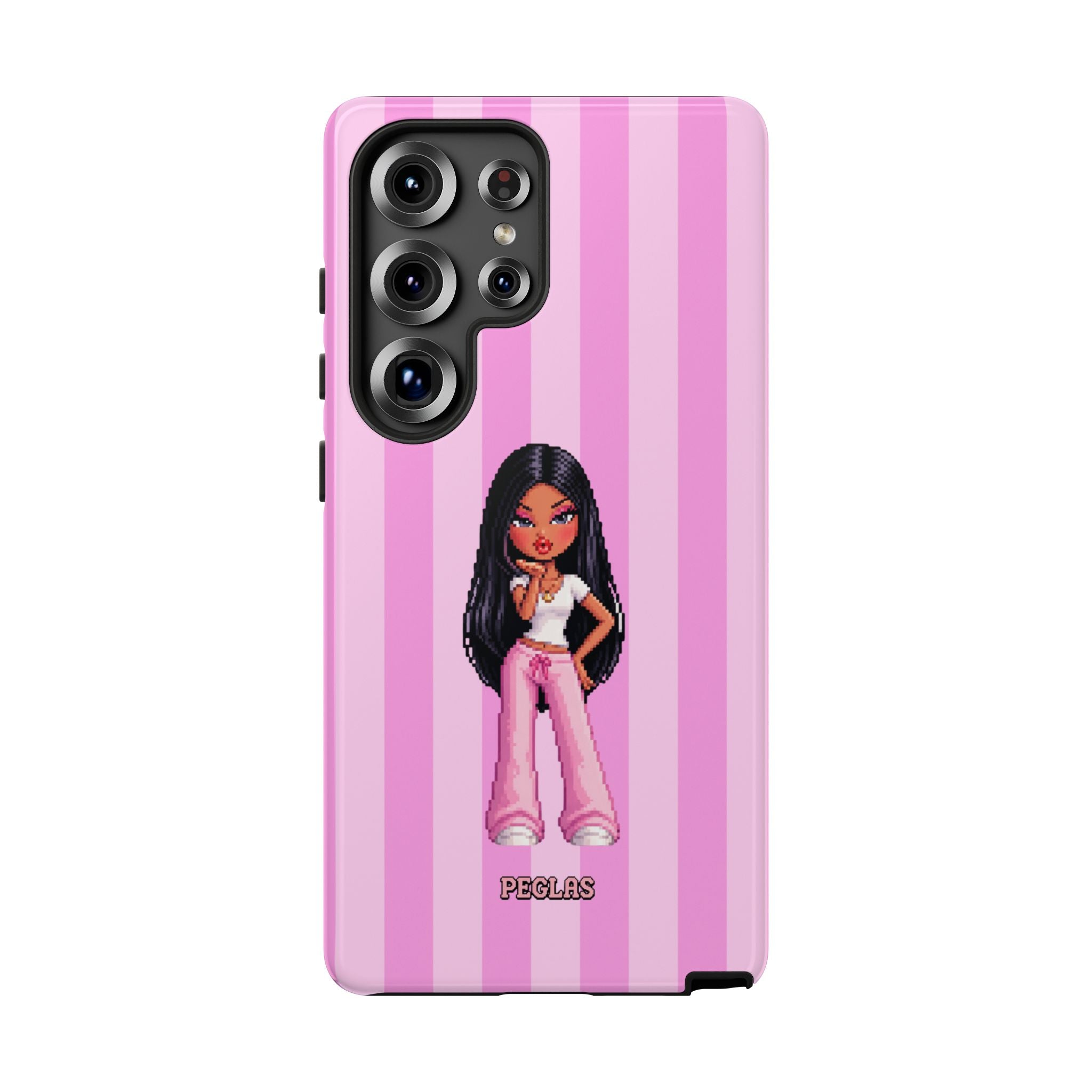 Pink Pixel Art Doll Phone Case — Y2K Baddie Girl Illustration