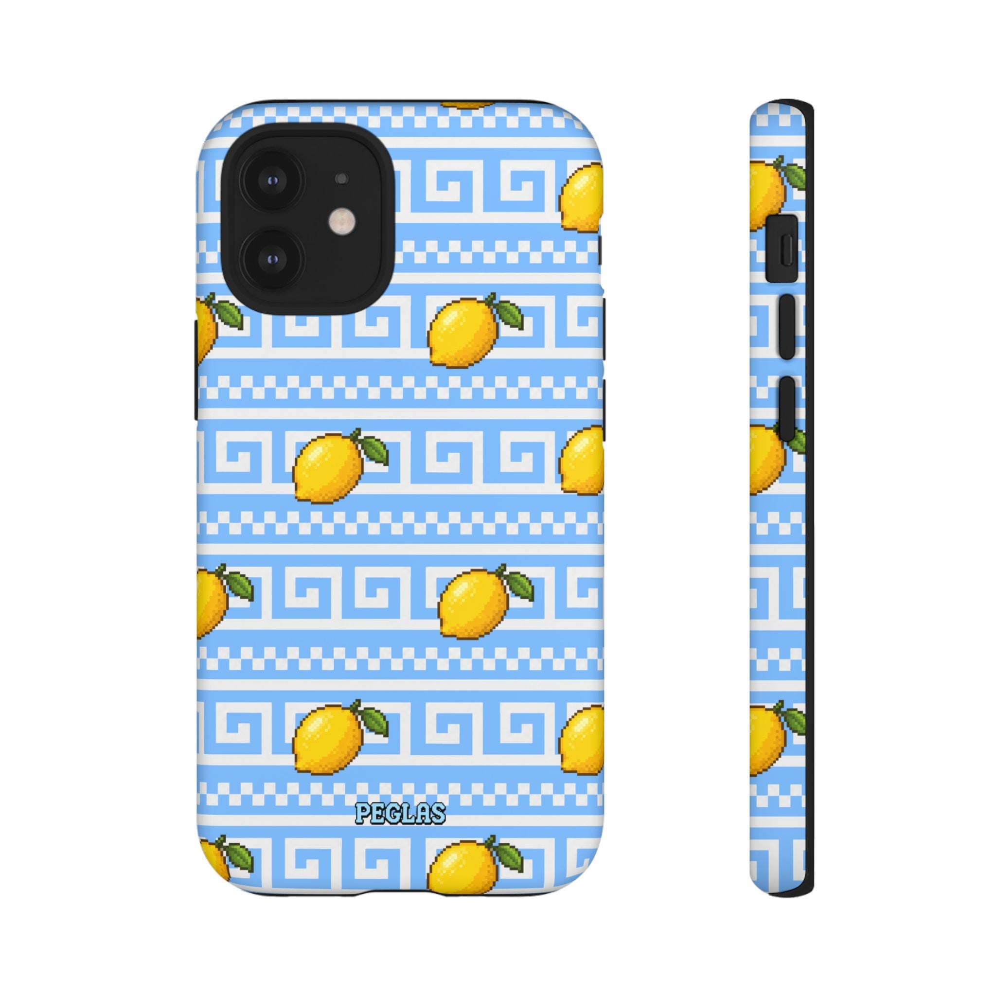 Lemon Greek Key Phone Case — Blue Citrus Pattern Tough Case