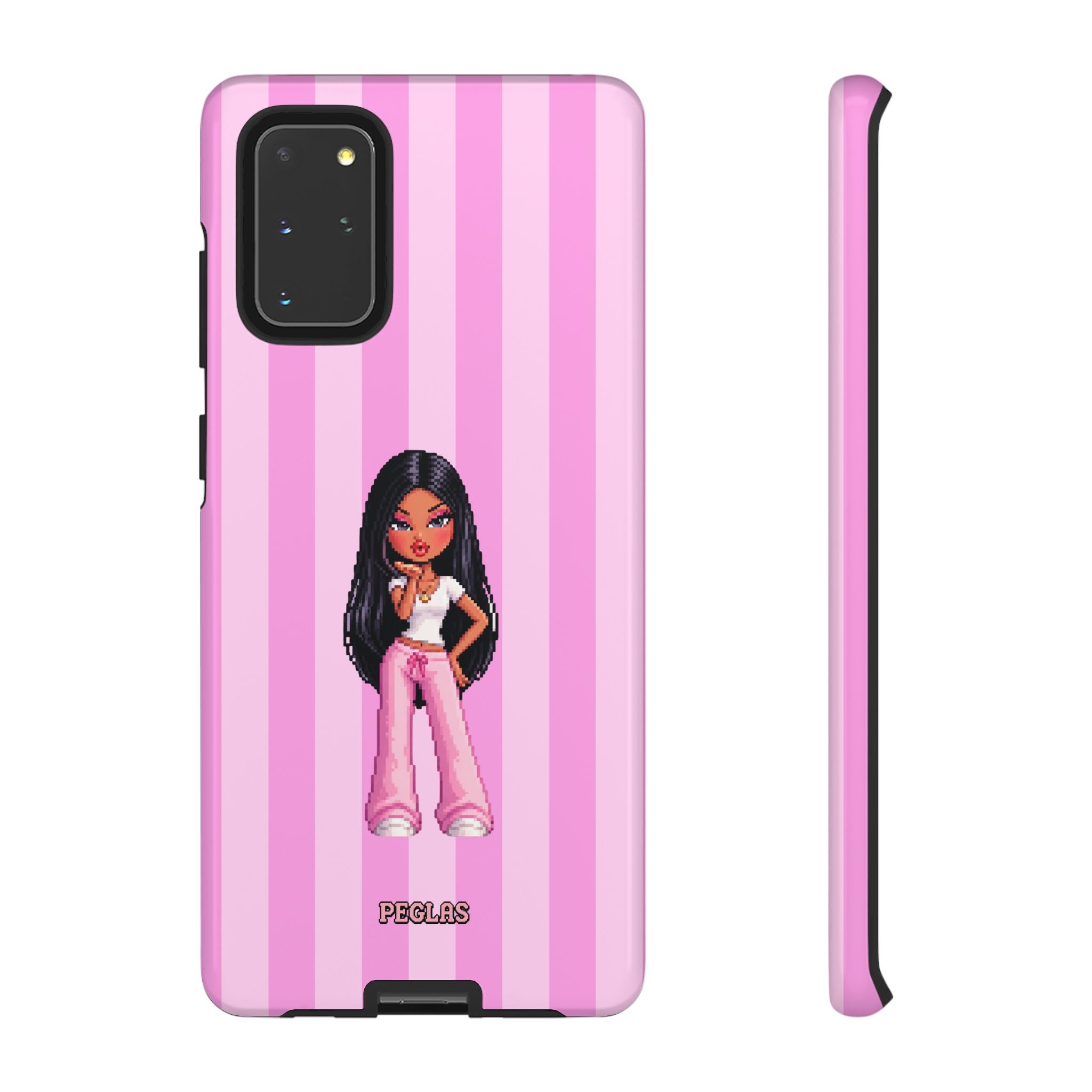 Pink Pixel Art Doll Phone Case — Y2K Baddie Girl Illustration
