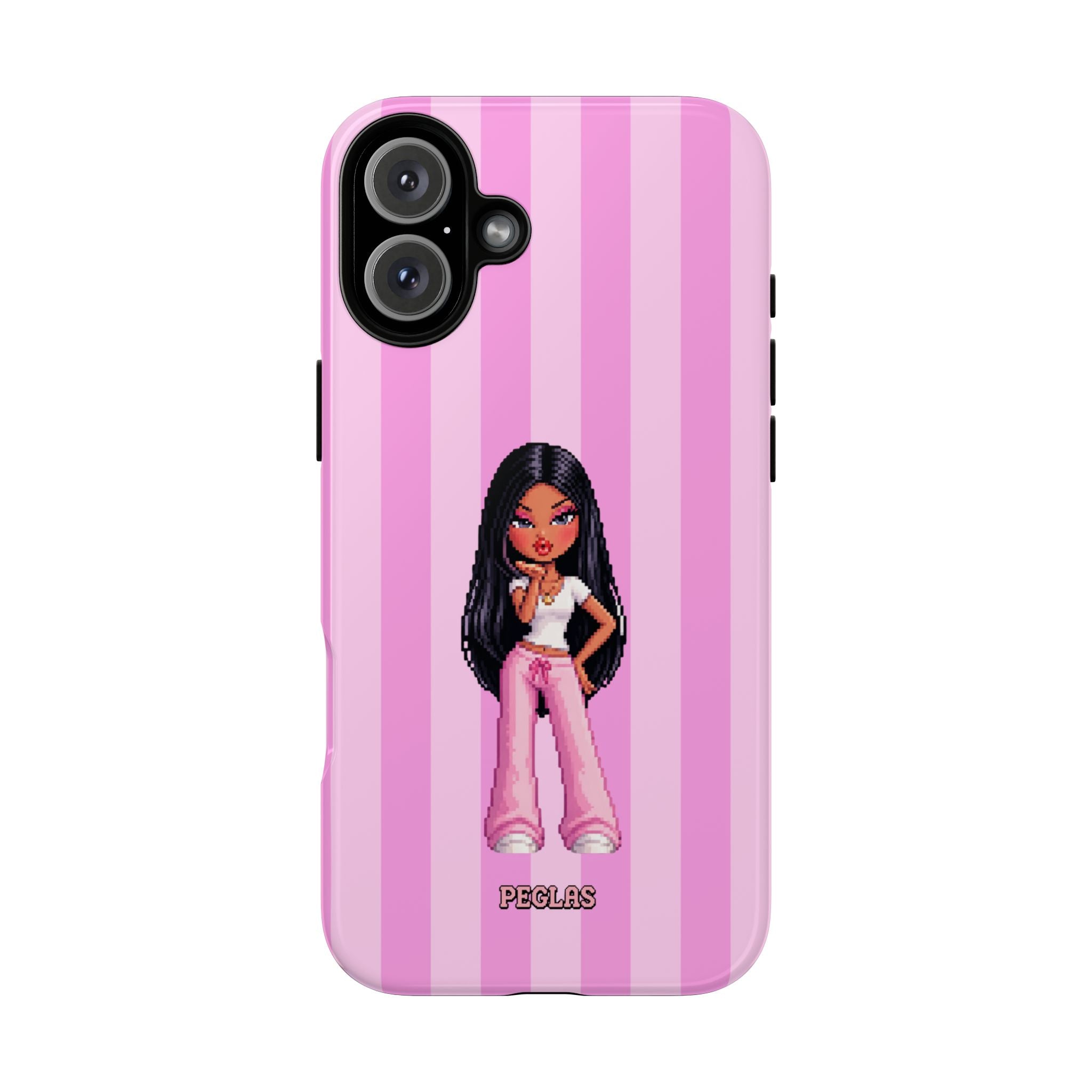 Pink Pixel Art Doll Phone Case — Y2K Baddie Girl Illustration