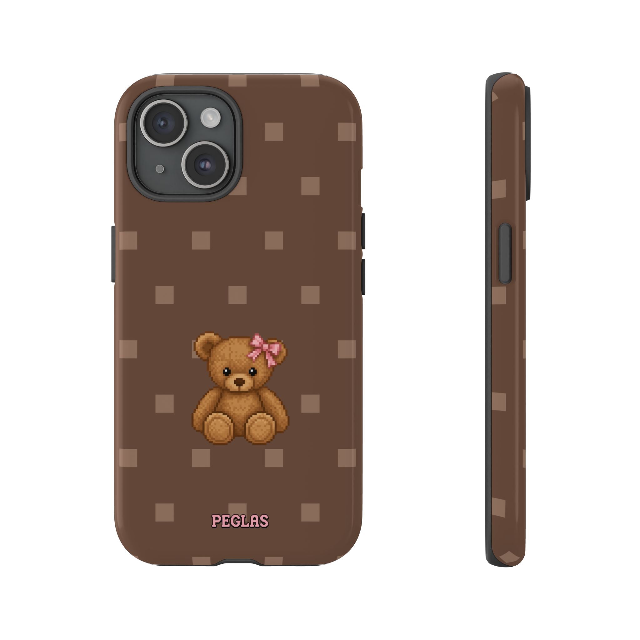 Teddy Bear Tough Phone Case — Cute Brown Polka Dot Protective Cover