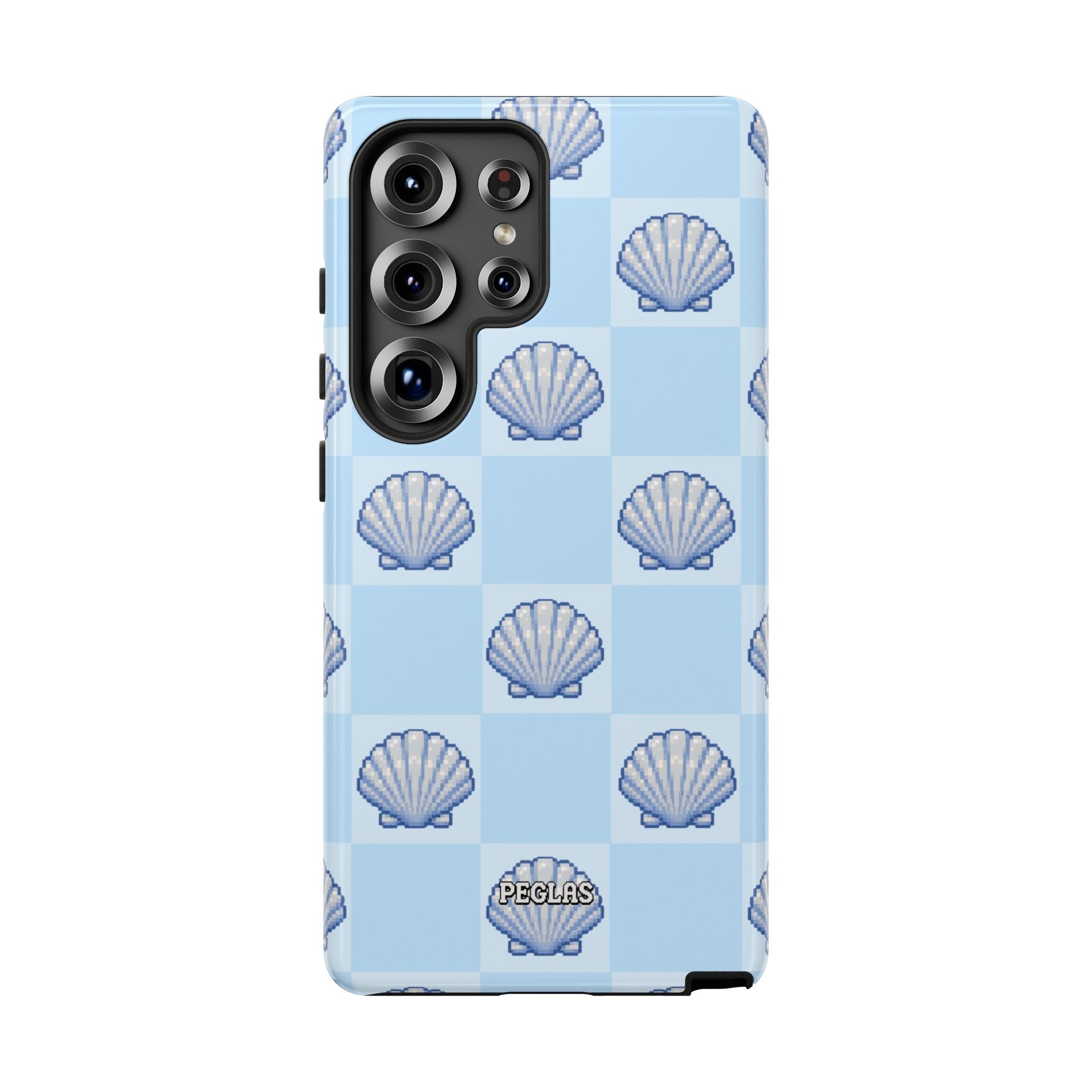 Shell Checkerboard Tough Phone Case — Light Blue Seashell Protective Cover