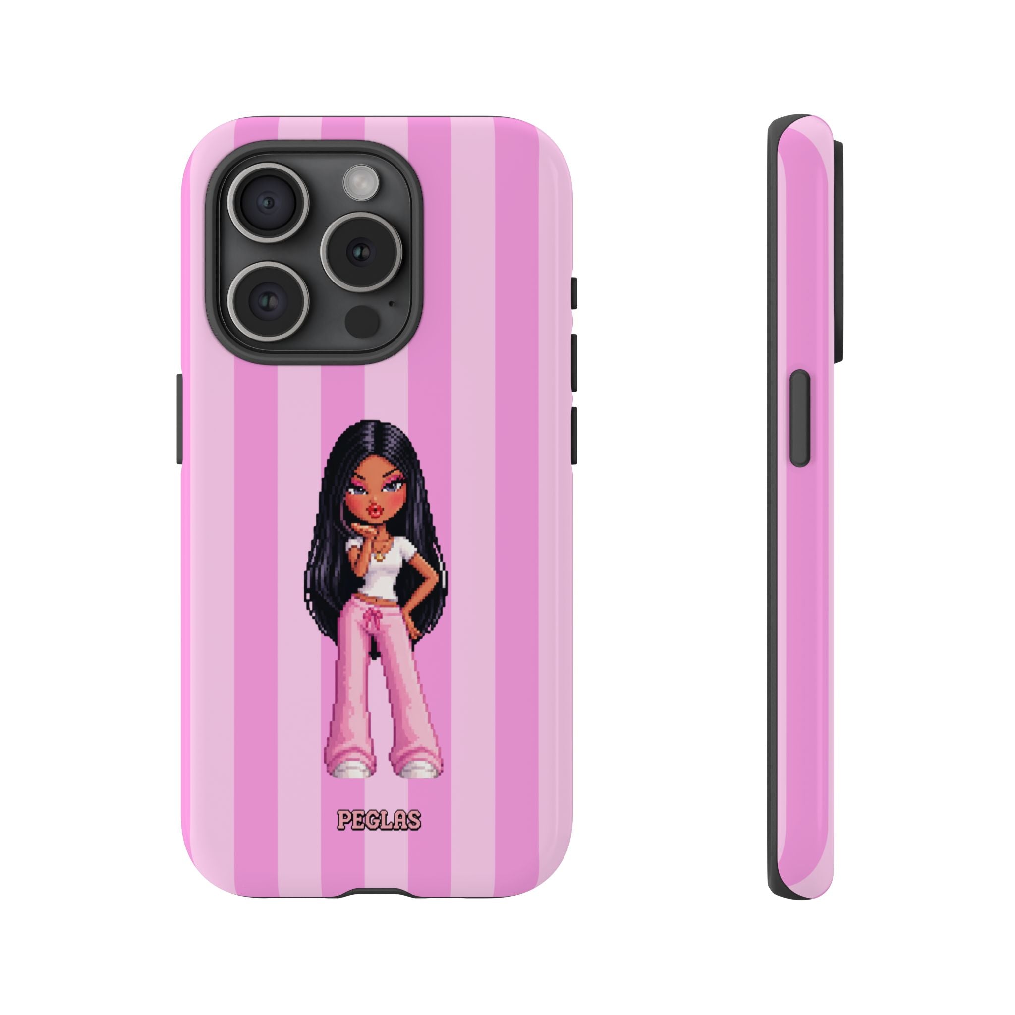 Pink Pixel Art Doll Phone Case — Y2K Baddie Girl Illustration