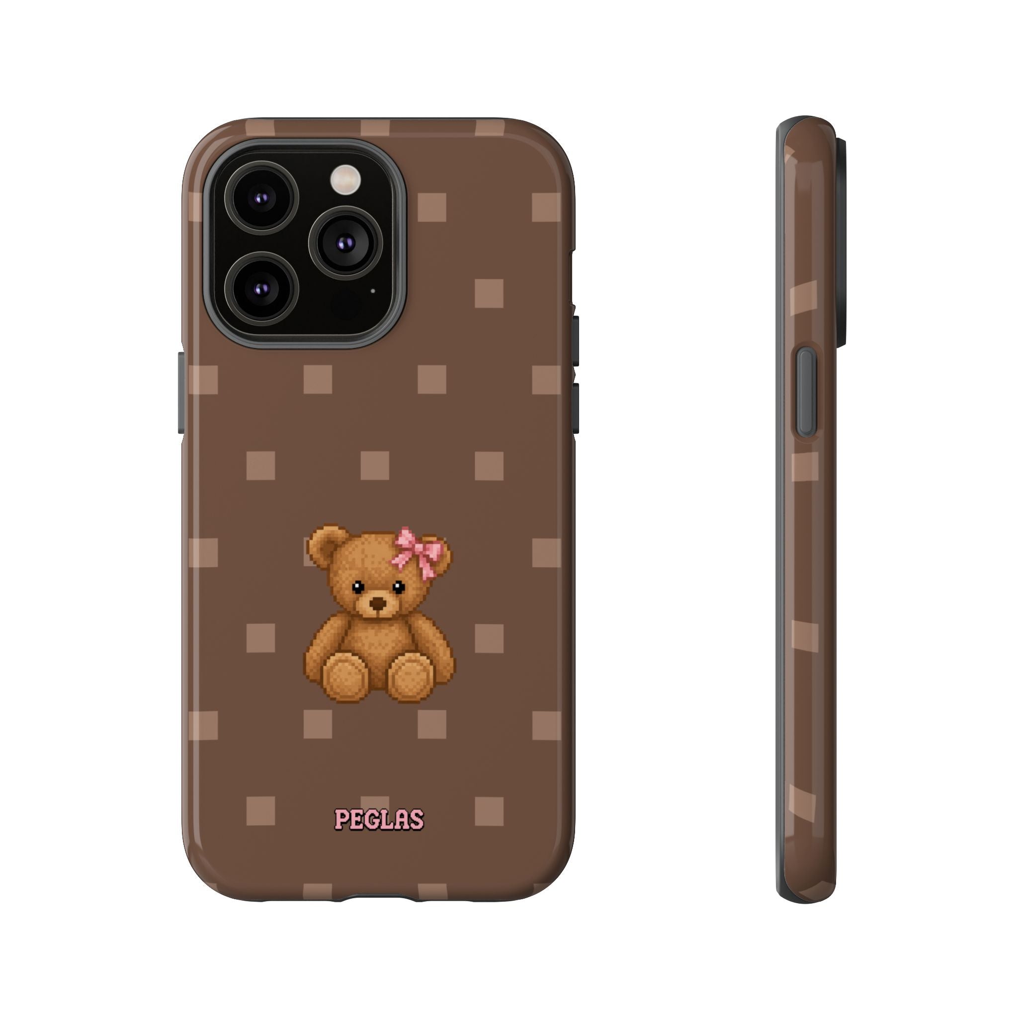 Teddy Bear Tough Phone Case — Cute Brown Polka Dot Protective Cover