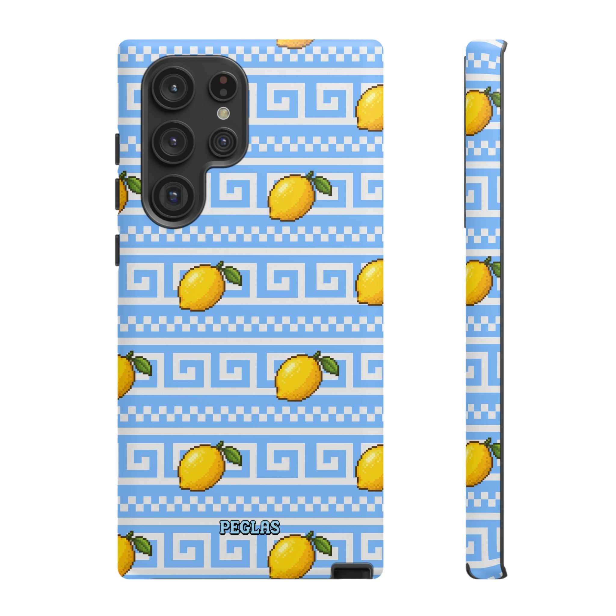 Lemon Greek Key Phone Case — Blue Citrus Pattern Tough Case