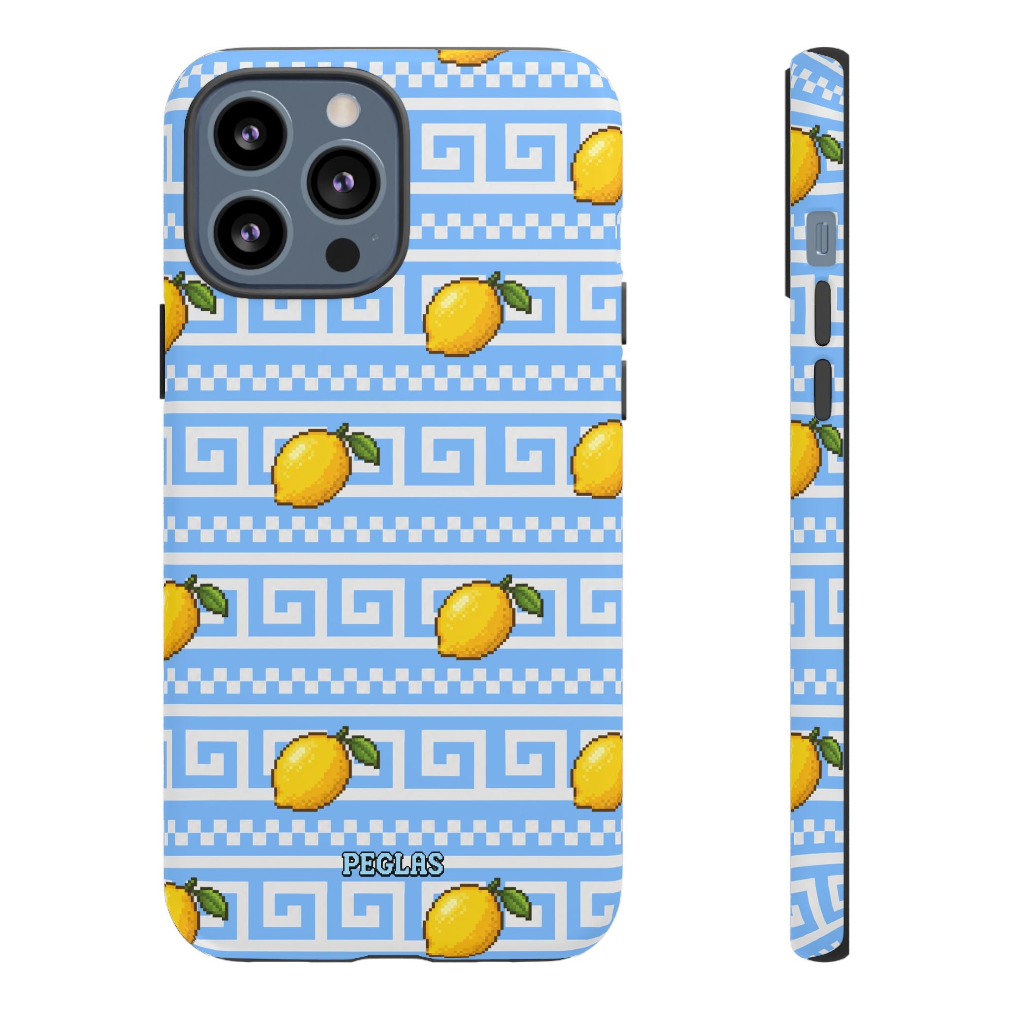Lemon Greek Key Phone Case — Blue Citrus Pattern Tough Case