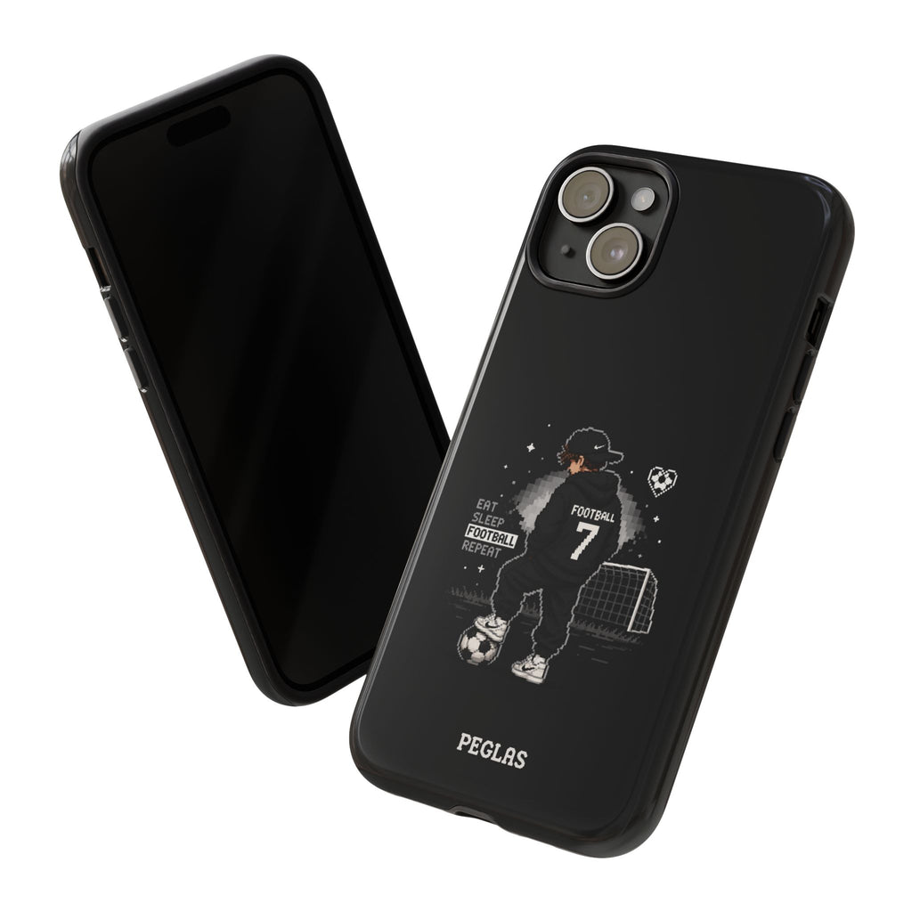 Football Player Phone Case - 'Eat Sleep Football Repeat' Black Tough Case, Soccer Goal Graphic
