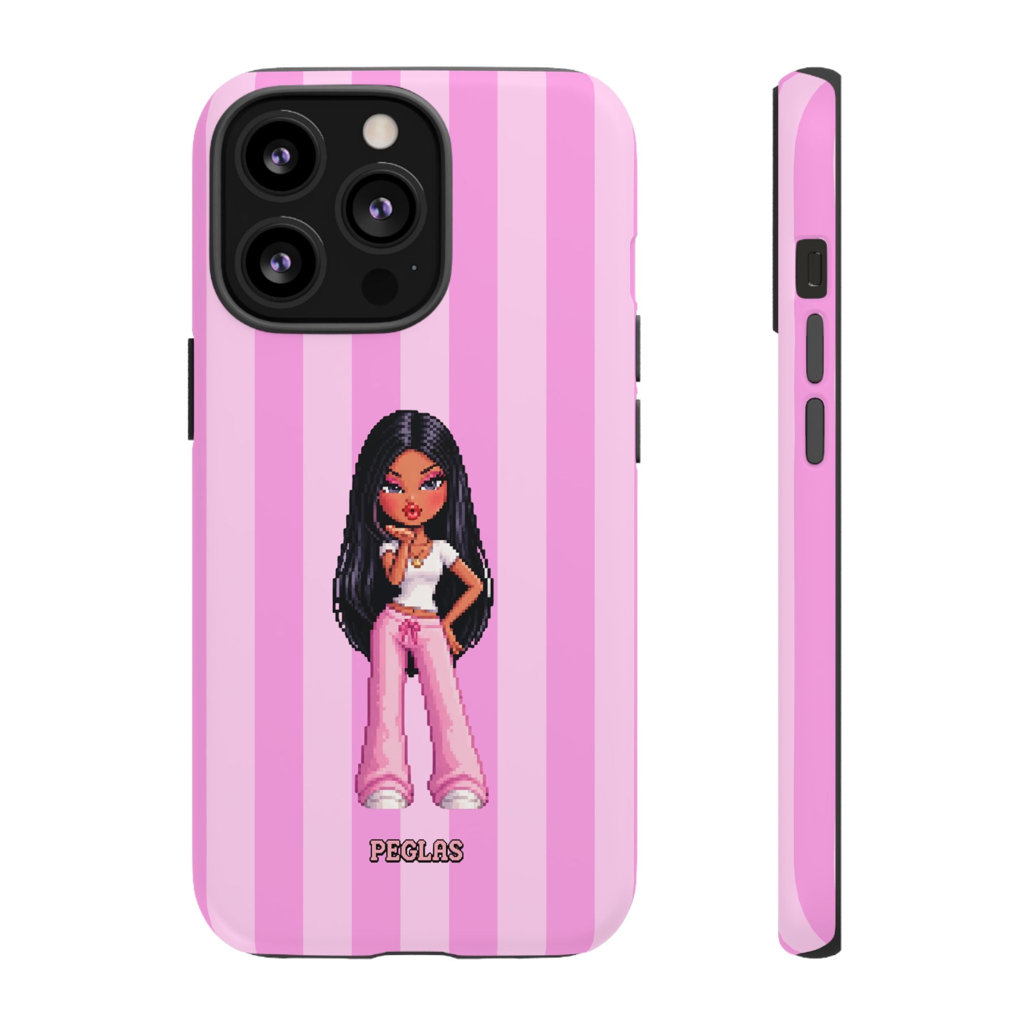 Pink Pixel Art Doll Phone Case — Y2K Baddie Girl Illustration