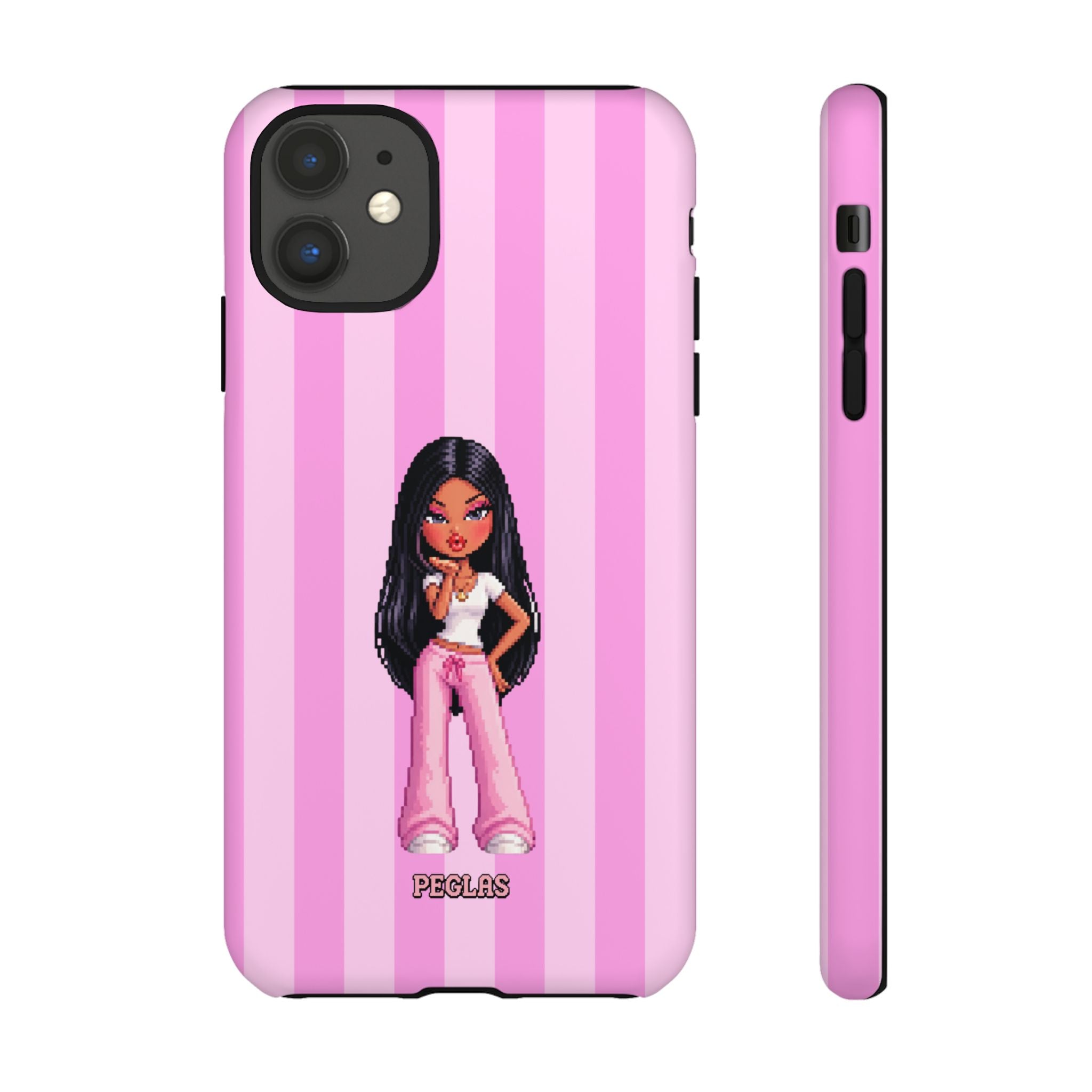 Pink Pixel Art Doll Phone Case — Y2K Baddie Girl Illustration
