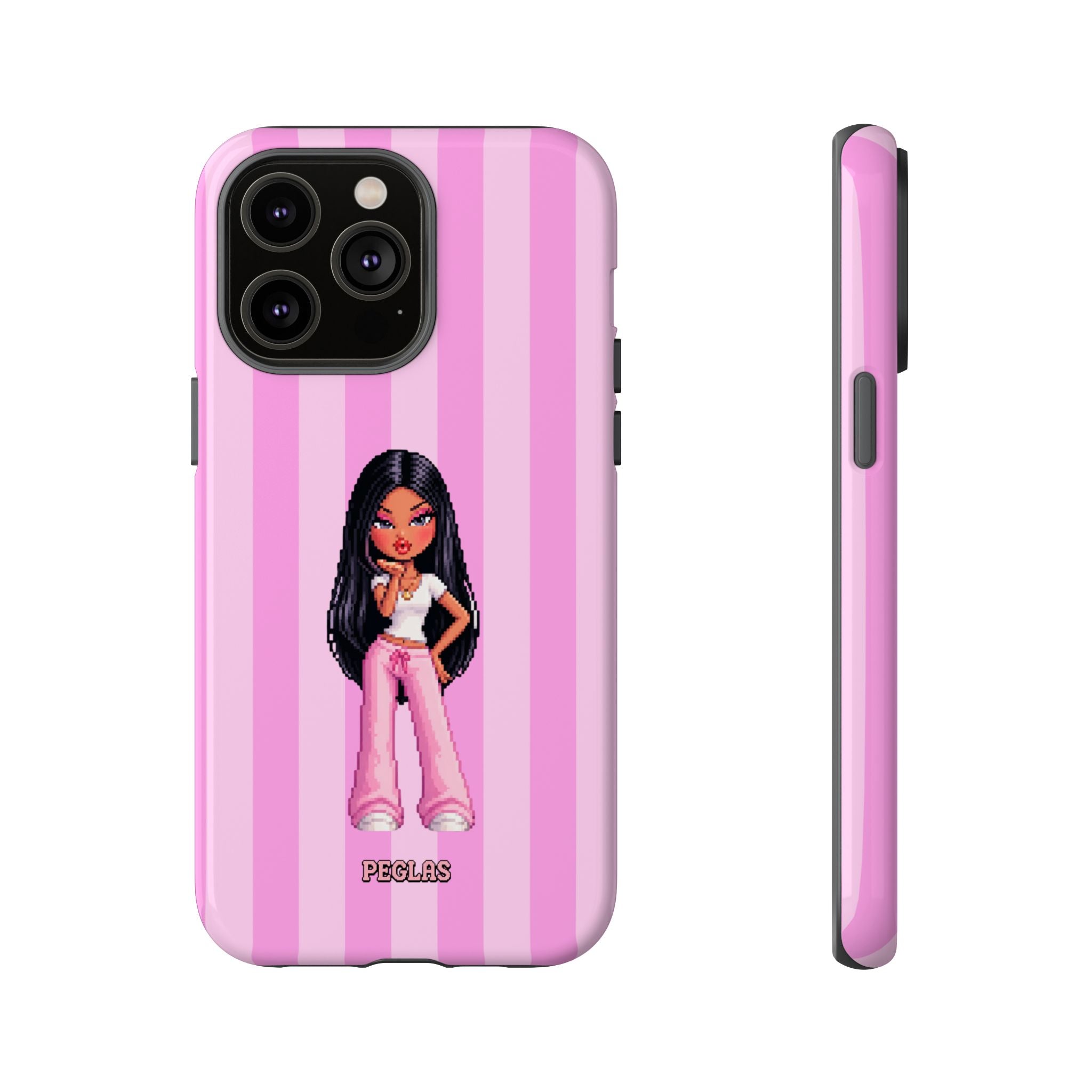 Pink Pixel Art Doll Phone Case — Y2K Baddie Girl Illustration
