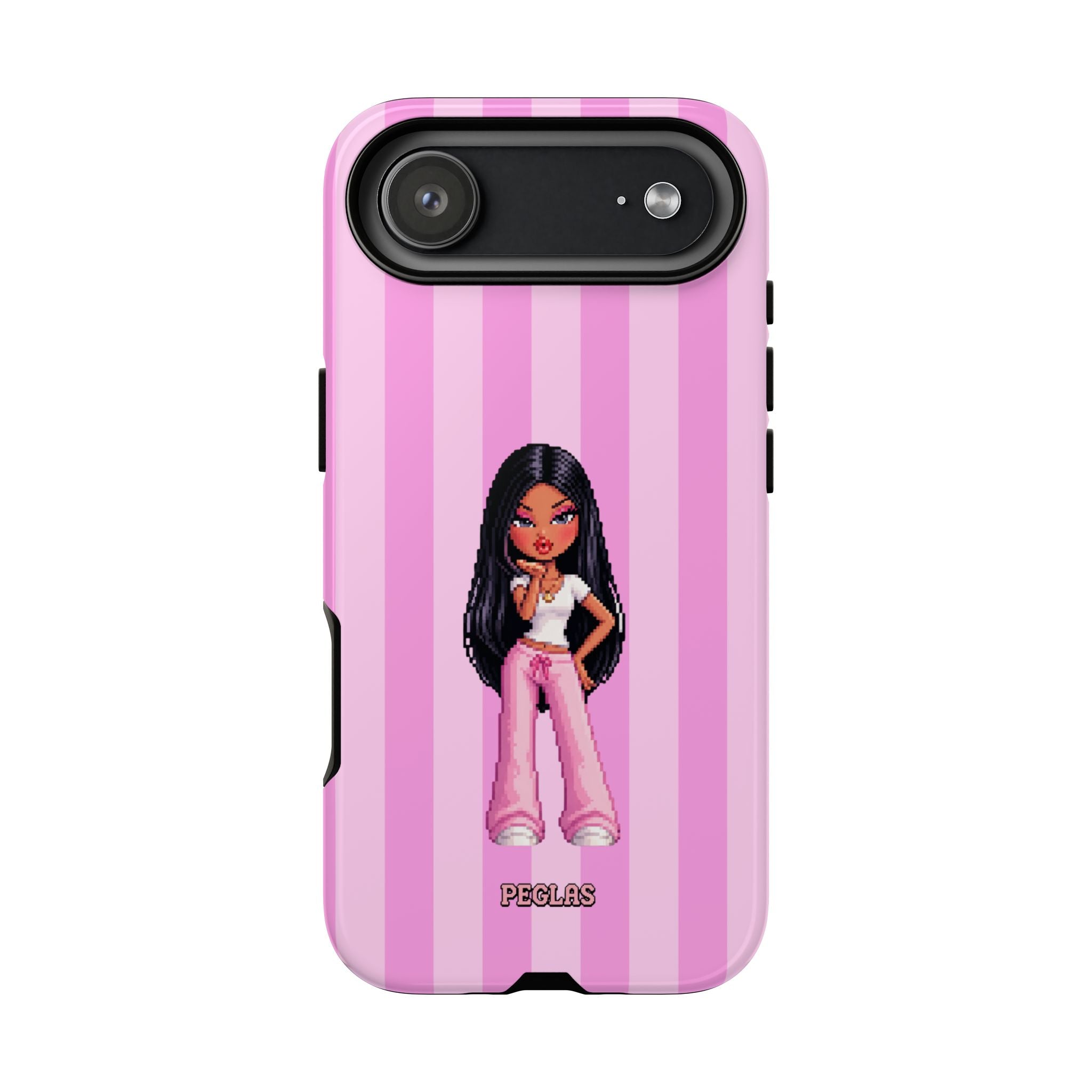Pink Pixel Art Doll Phone Case — Y2K Baddie Girl Illustration
