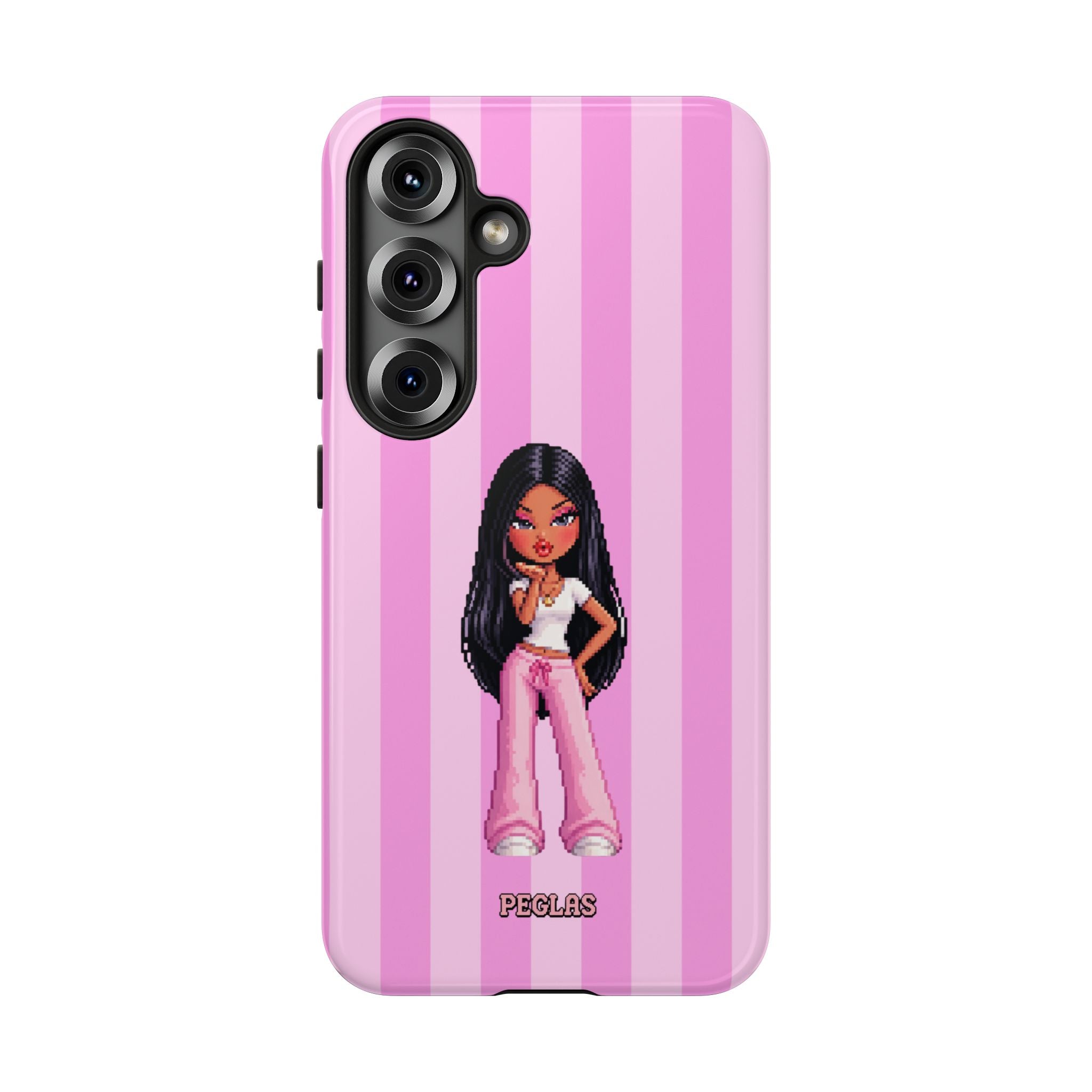 Pink Pixel Art Doll Phone Case — Y2K Baddie Girl Illustration