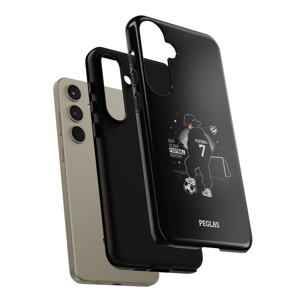 Football Player Phone Case - 'Eat Sleep Football Repeat' Black Tough Case, Soccer Goal Graphic