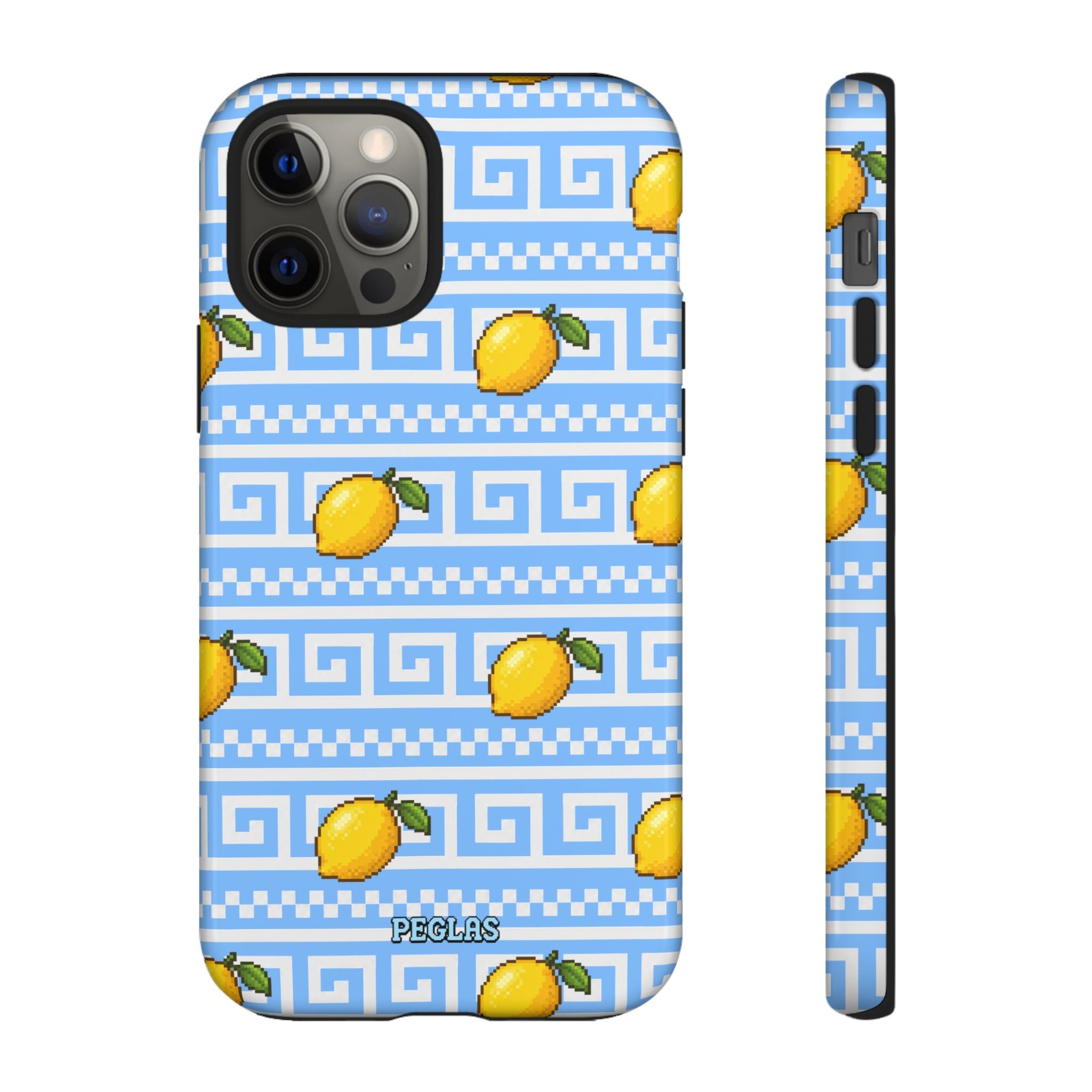 Lemon Greek Key Phone Case — Blue Citrus Pattern Tough Case