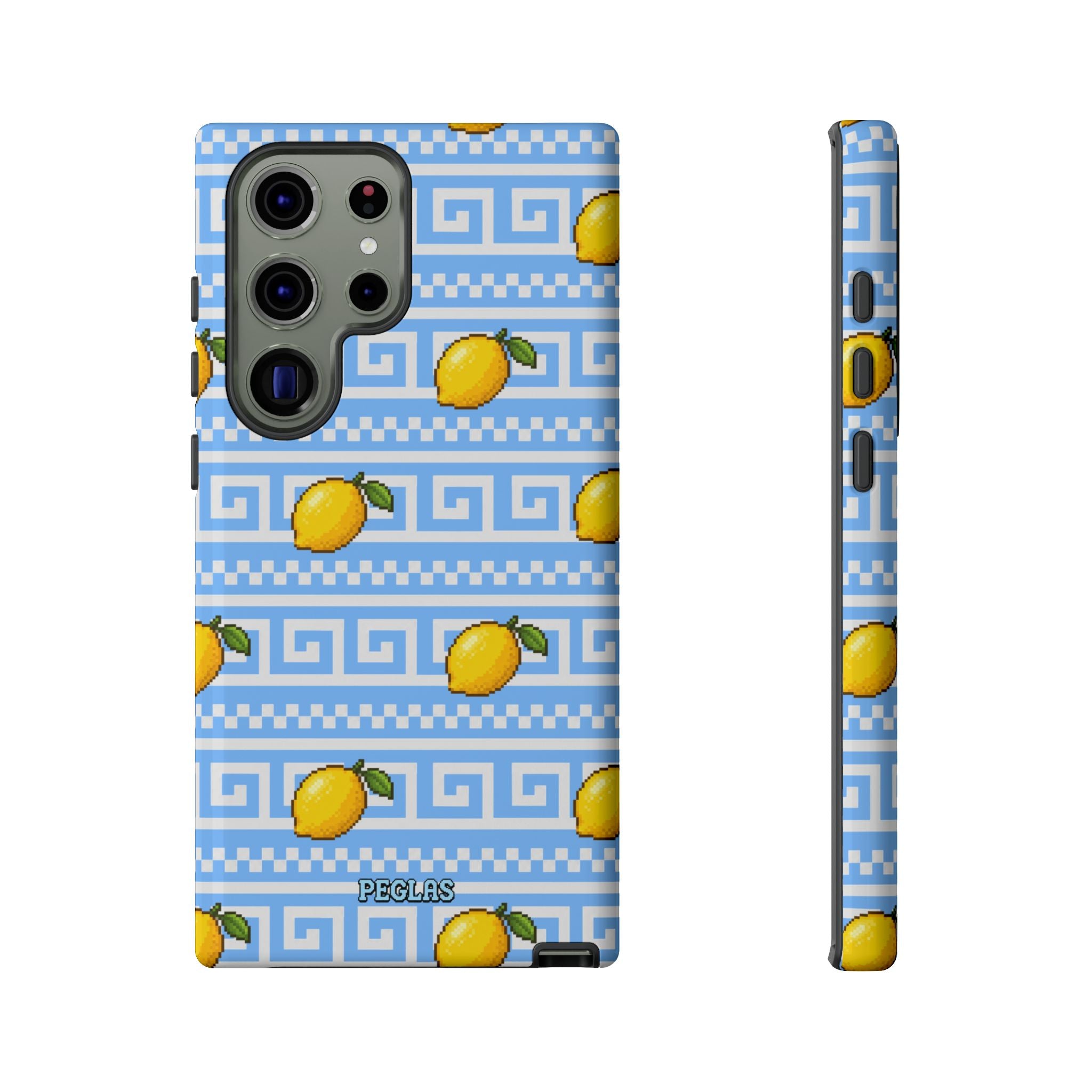 Lemon Greek Key Phone Case — Blue Citrus Pattern Tough Case