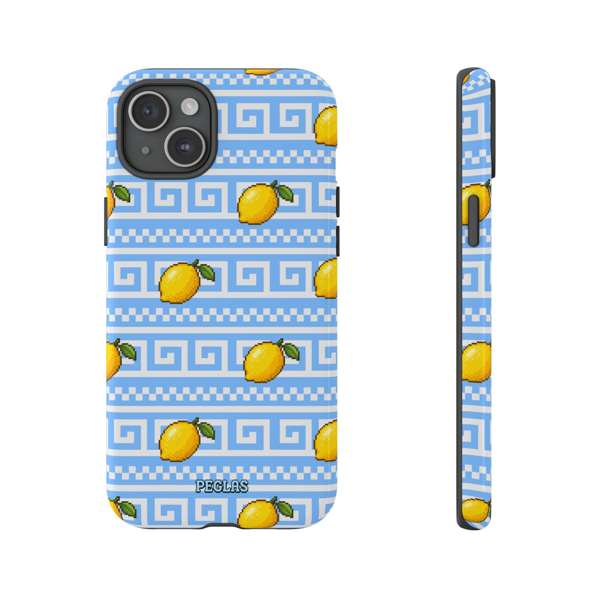 Lemon Greek Key Phone Case — Blue Citrus Pattern Tough Case