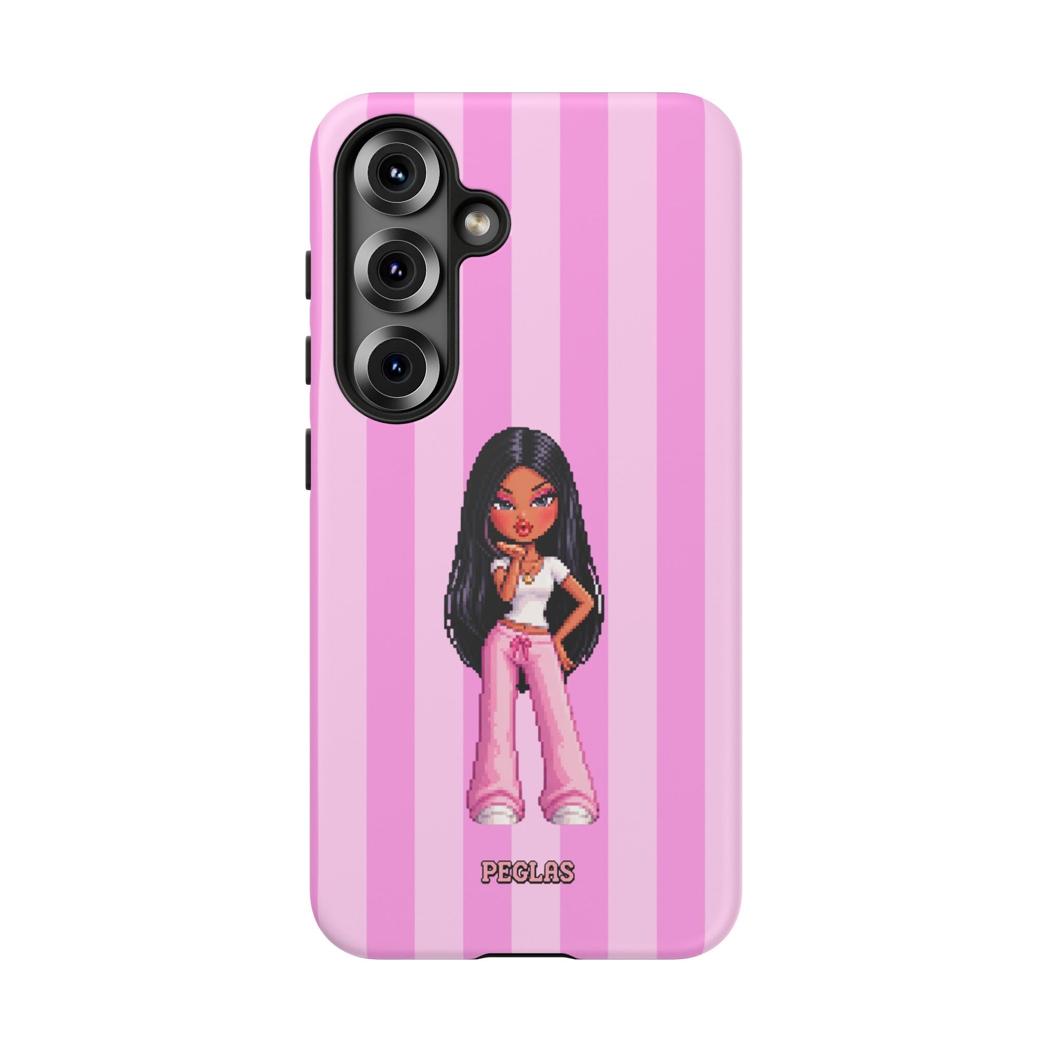 Pink Pixel Art Doll Phone Case — Y2K Baddie Girl Illustration