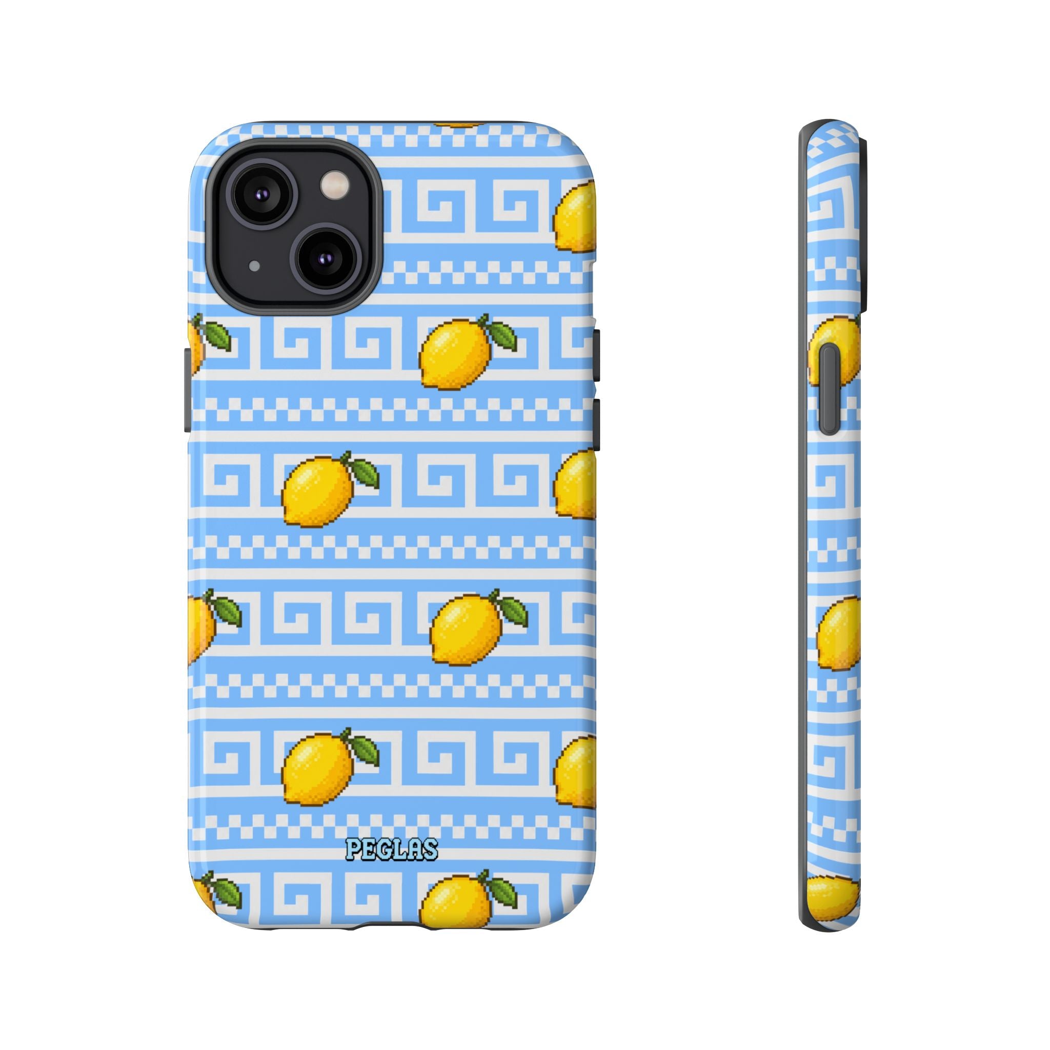Lemon Greek Key Phone Case — Blue Citrus Pattern Tough Case