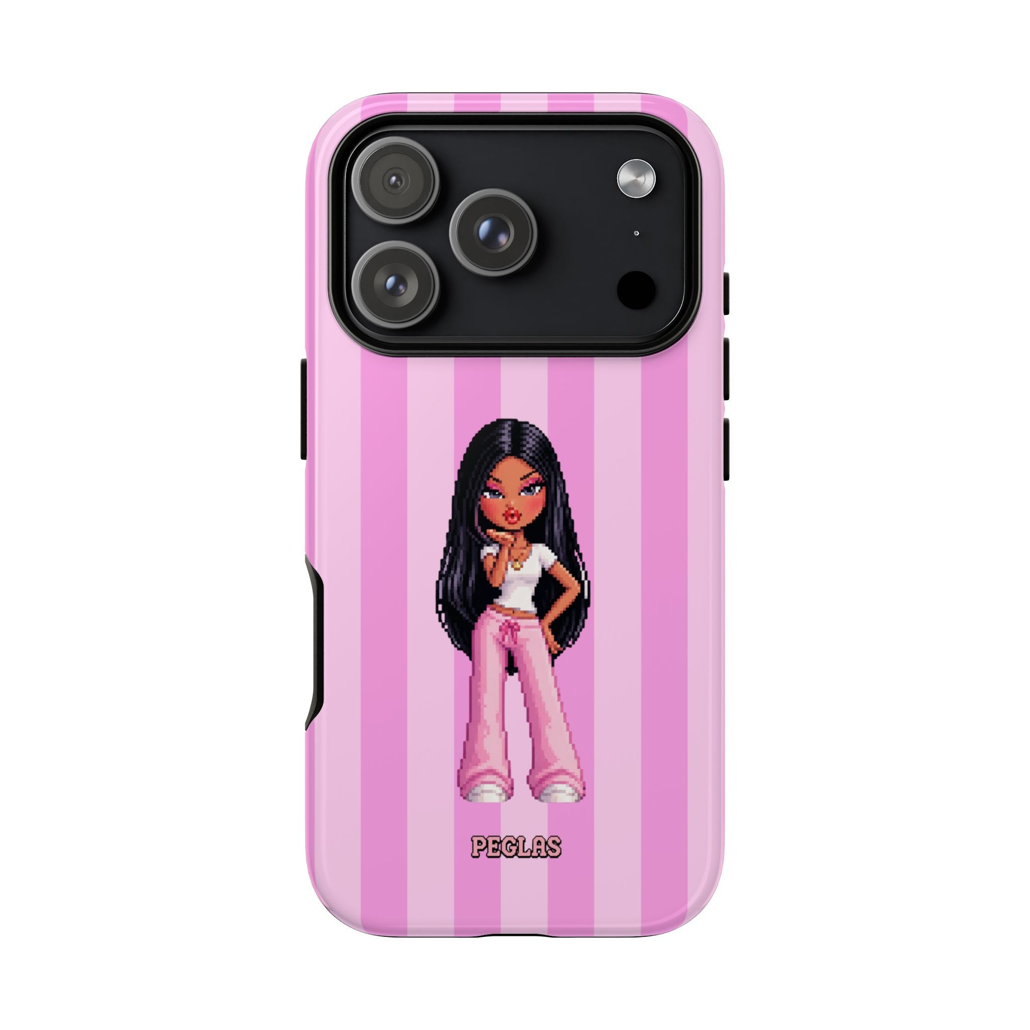 Pink Pixel Art Doll Phone Case — Y2K Baddie Girl Illustration