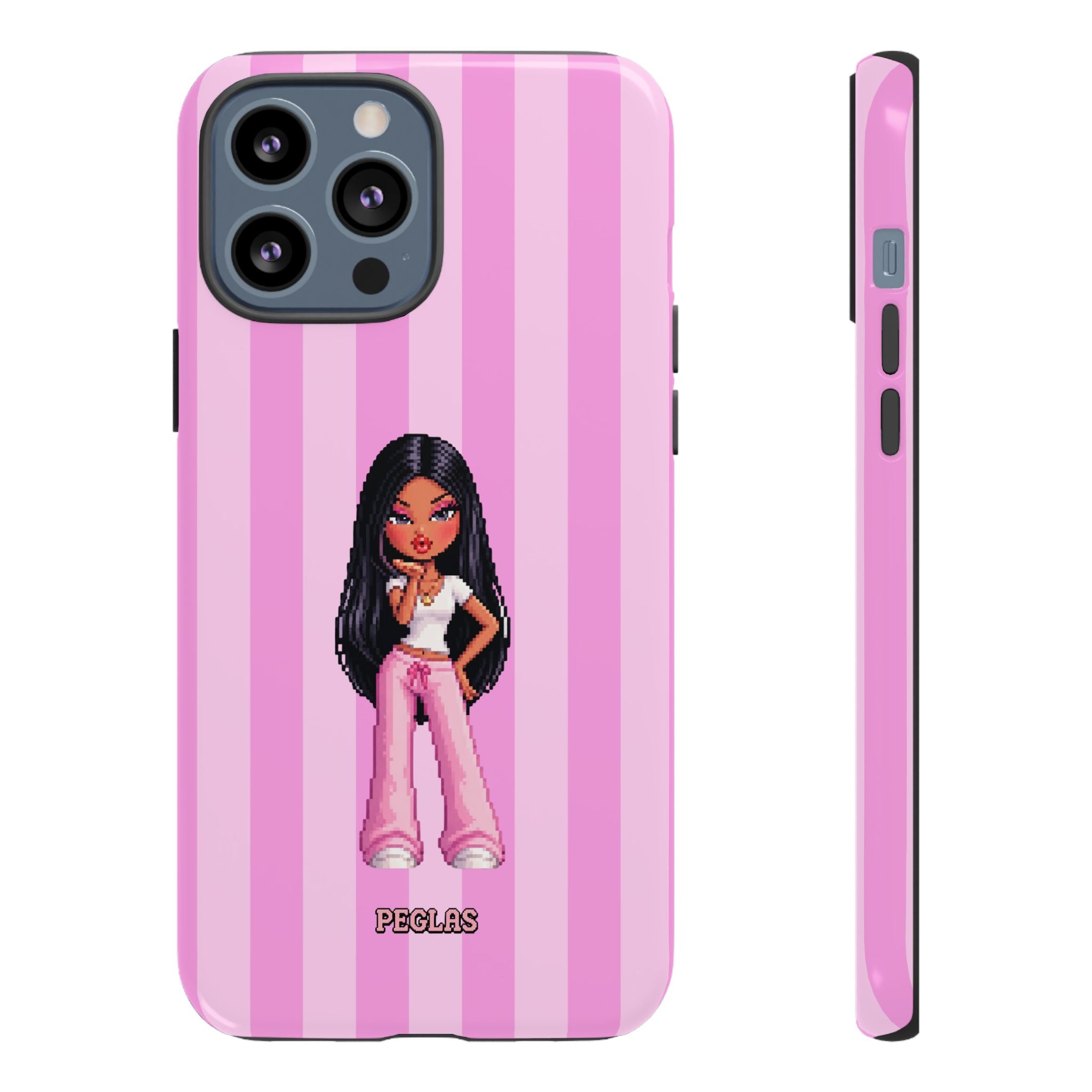 Pink Pixel Art Doll Phone Case — Y2K Baddie Girl Illustration