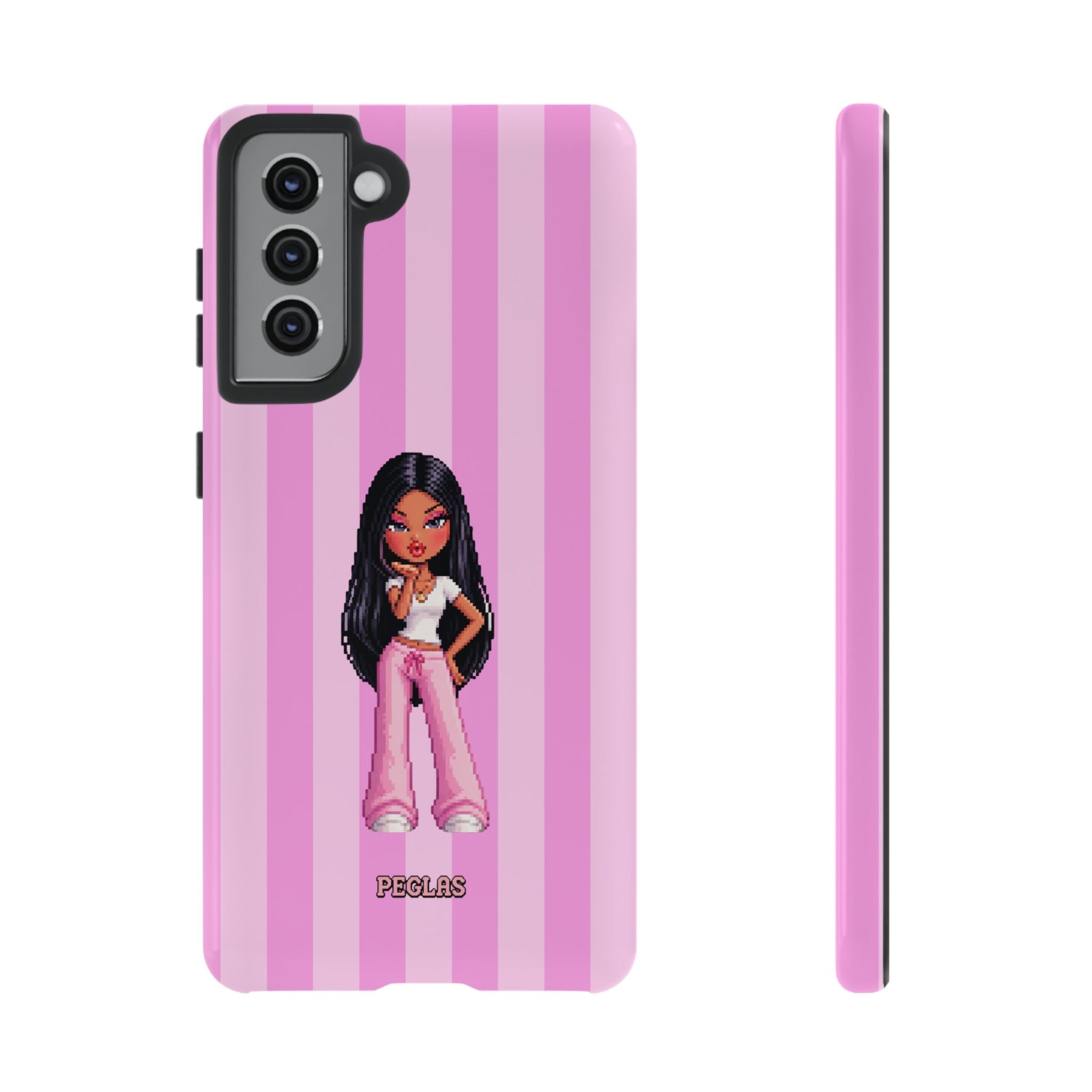 Pink Pixel Art Doll Phone Case — Y2K Baddie Girl Illustration