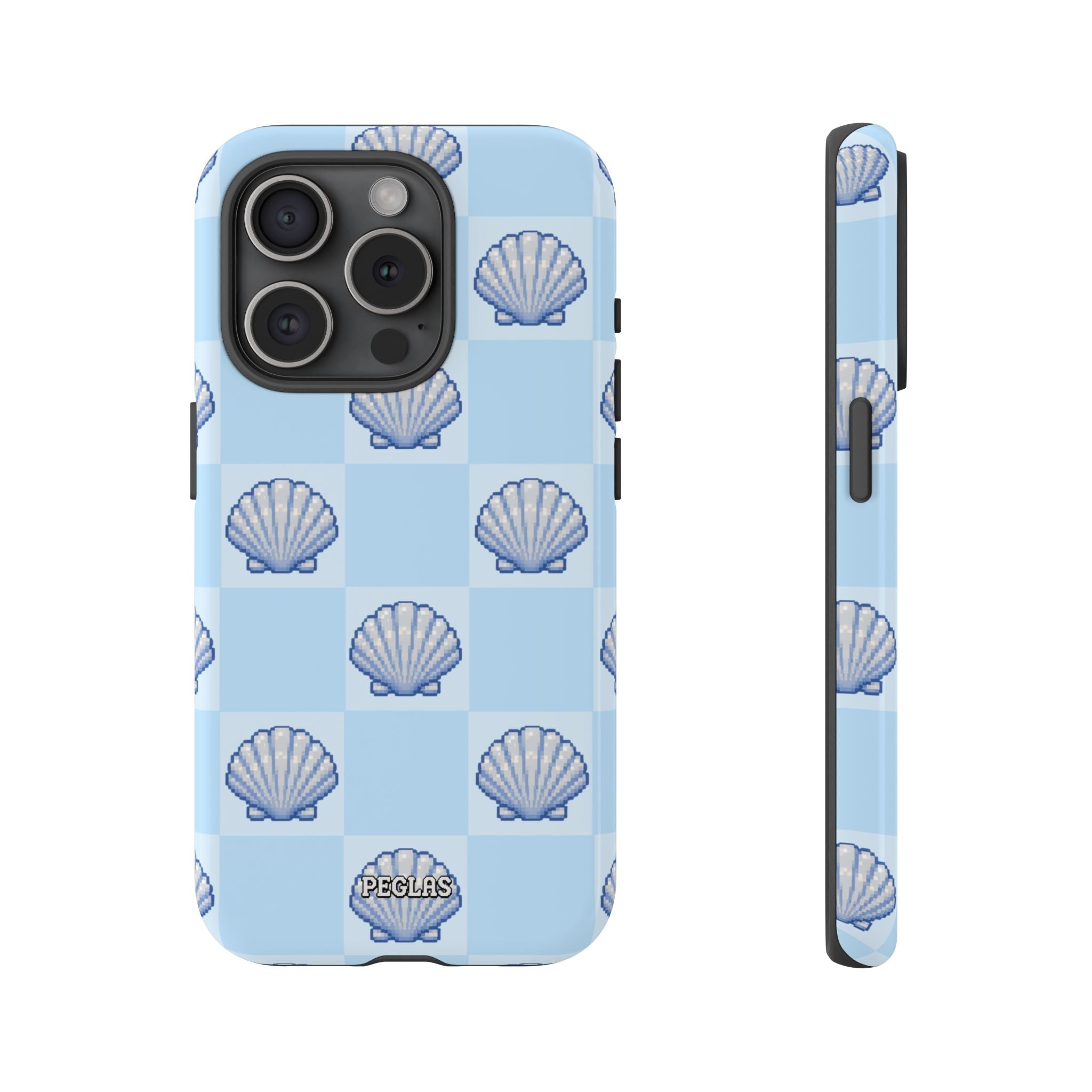 Shell Checkerboard Tough Phone Case — Light Blue Seashell Protective Cover