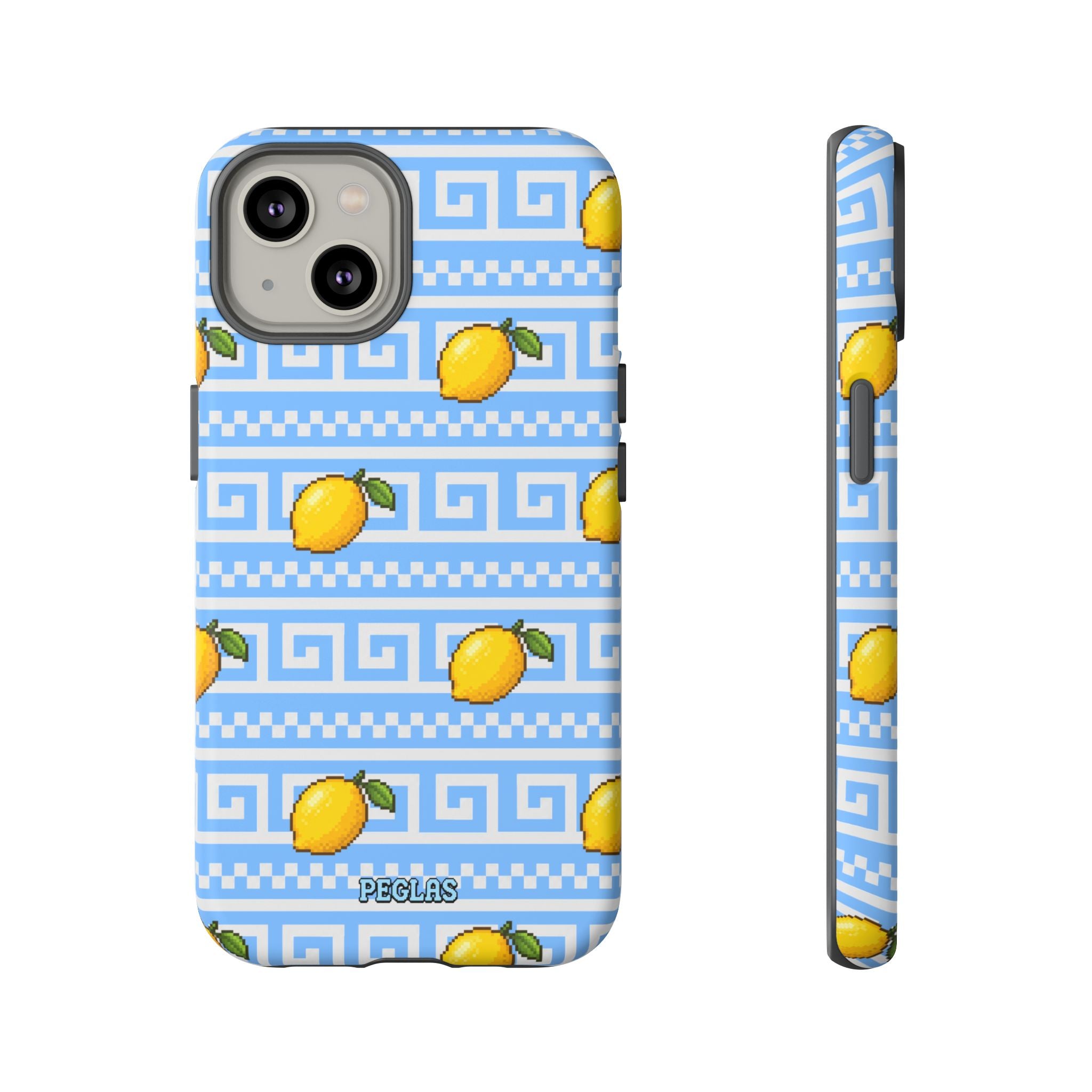 Lemon Greek Key Phone Case — Blue Citrus Pattern Tough Case