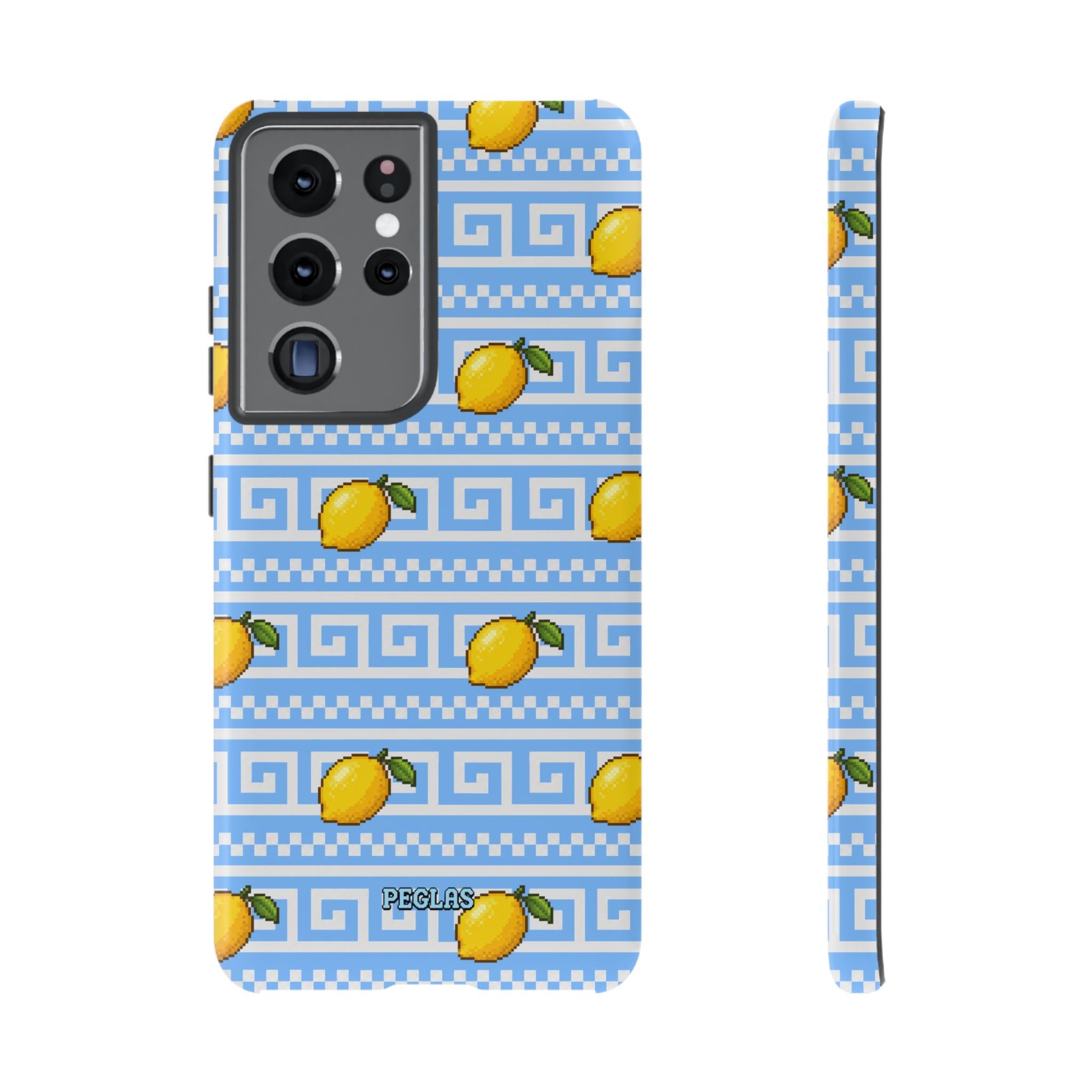 Lemon Greek Key Phone Case — Blue Citrus Pattern Tough Case