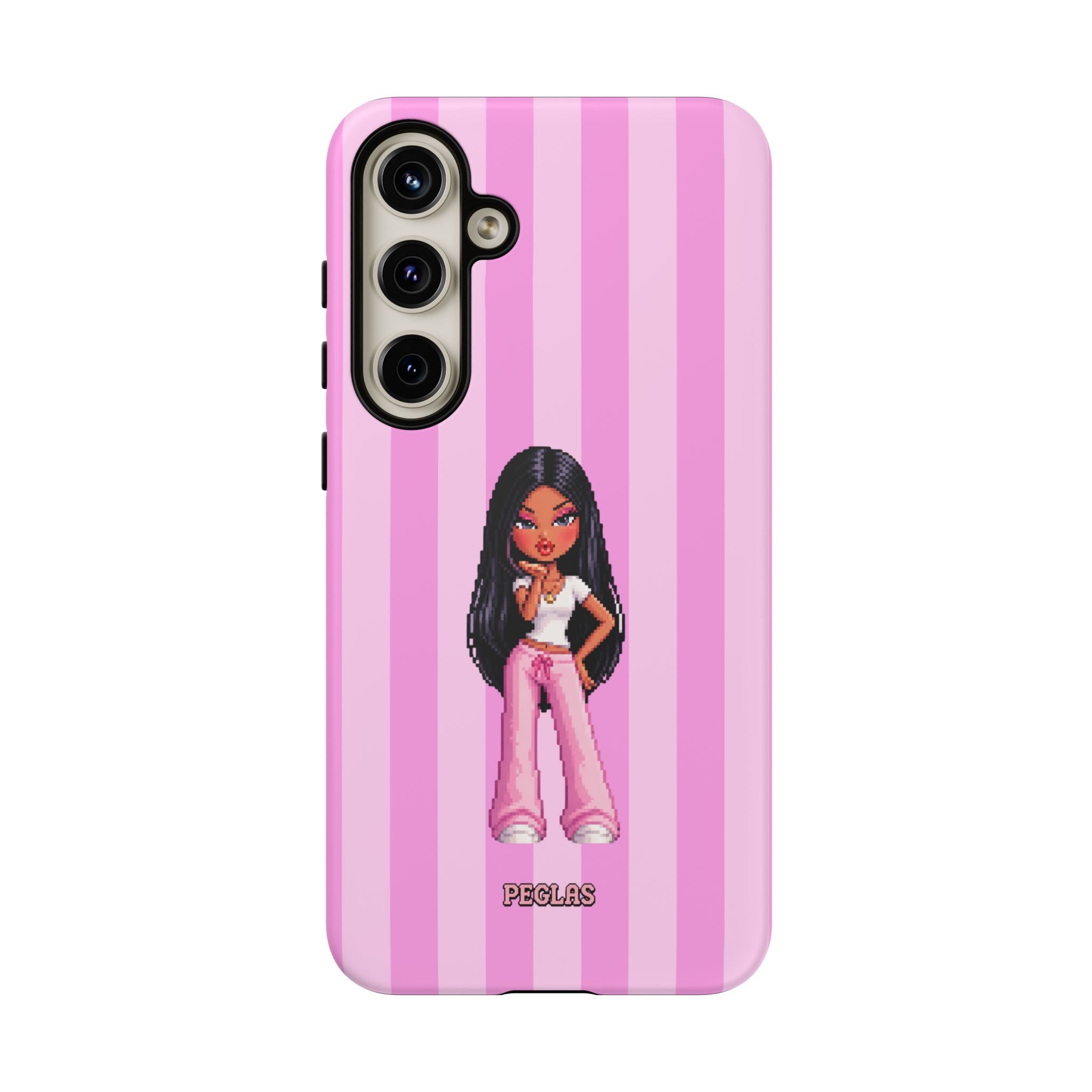 Pink Pixel Art Doll Phone Case — Y2K Baddie Girl Illustration