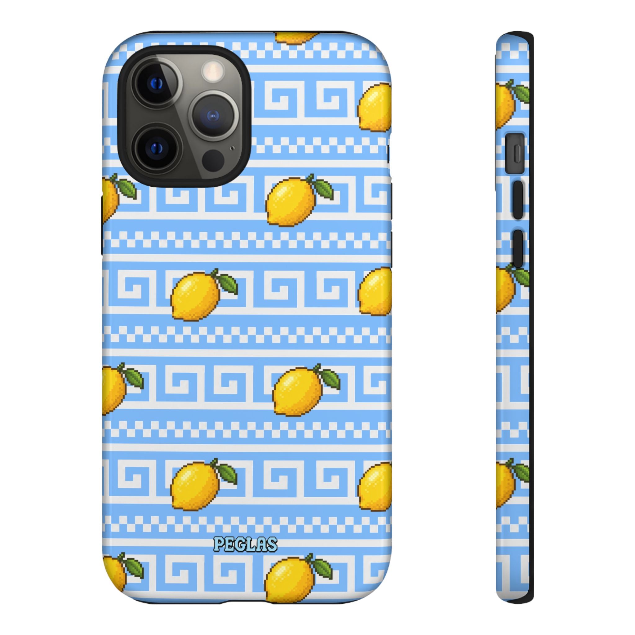 Lemon Greek Key Phone Case — Blue Citrus Pattern Tough Case