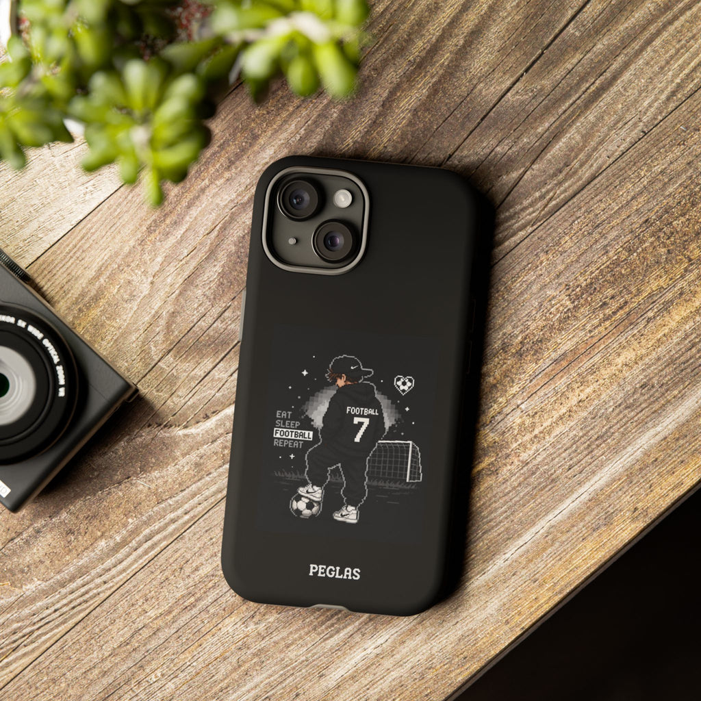 Football Player Phone Case - 'Eat Sleep Football Repeat' Black Tough Case, Soccer Goal Graphic