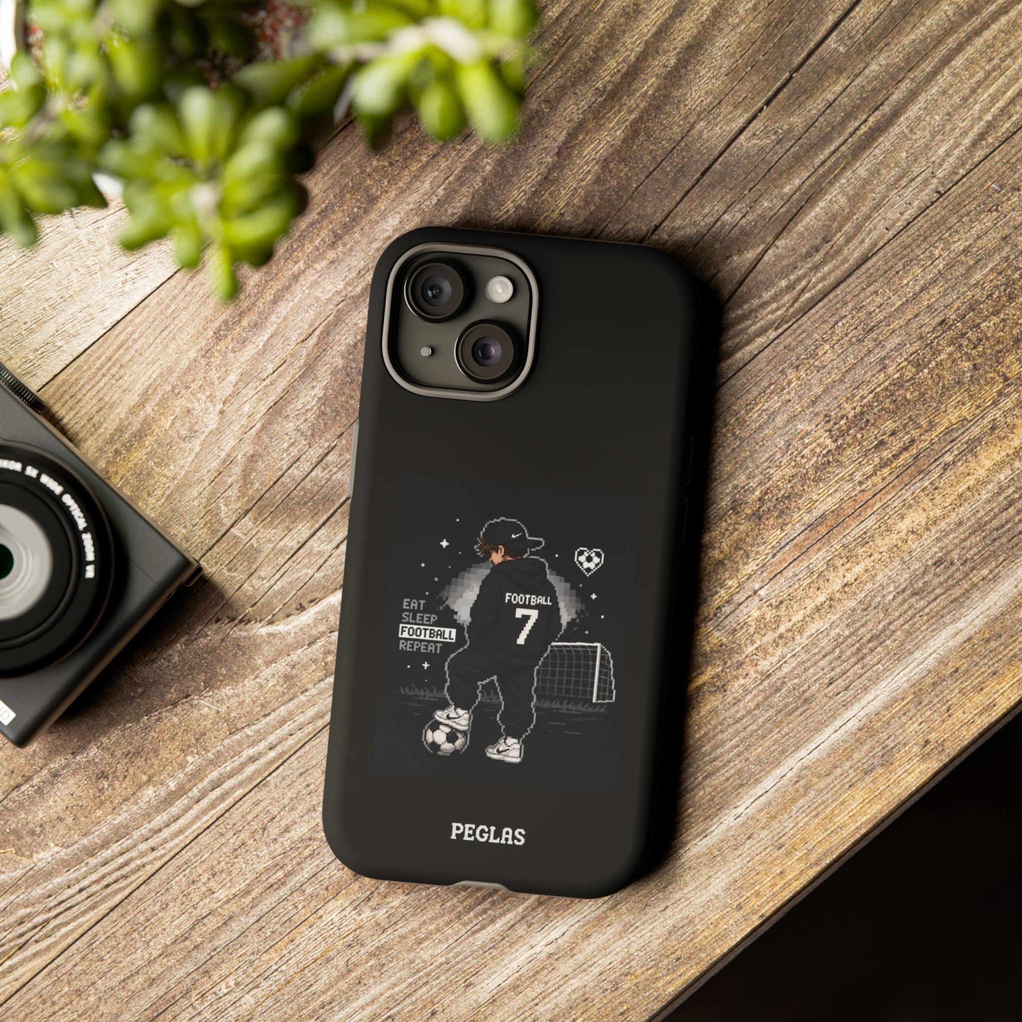 Football Player Phone Case - 'Eat Sleep Football Repeat' Black Tough Case, Soccer Goal Graphic