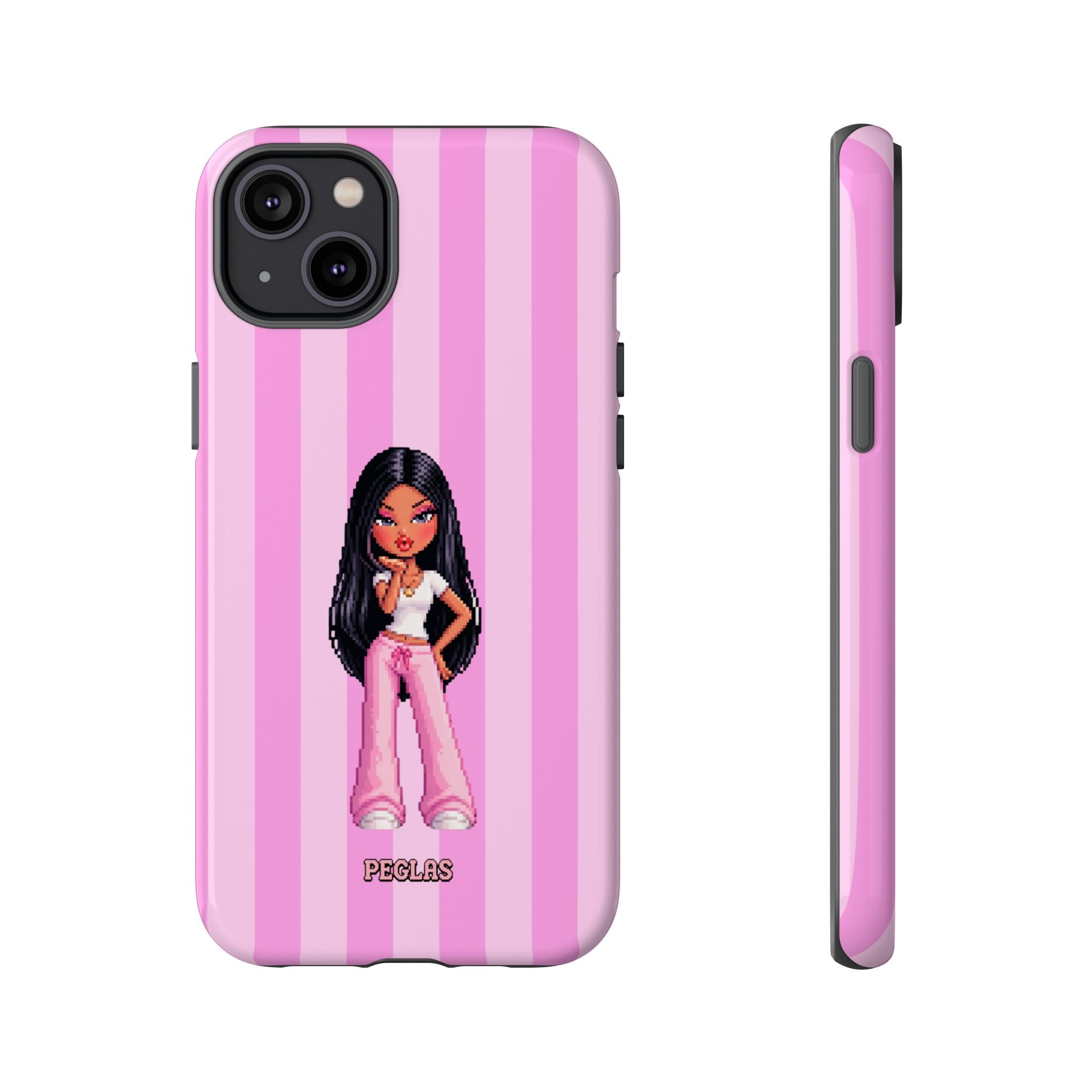 Pink Pixel Art Doll Phone Case — Y2K Baddie Girl Illustration