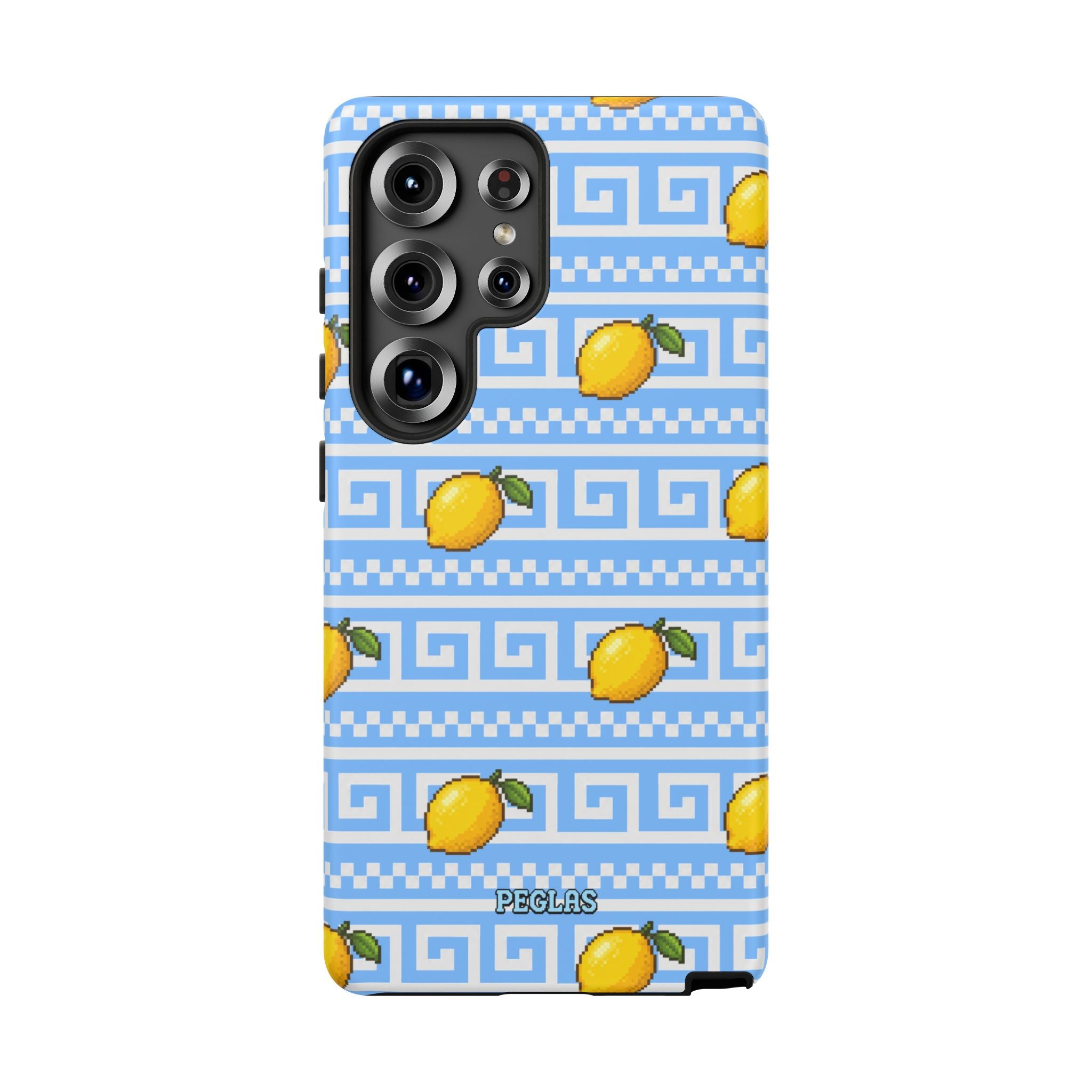Lemon Greek Key Phone Case — Blue Citrus Pattern Tough Case