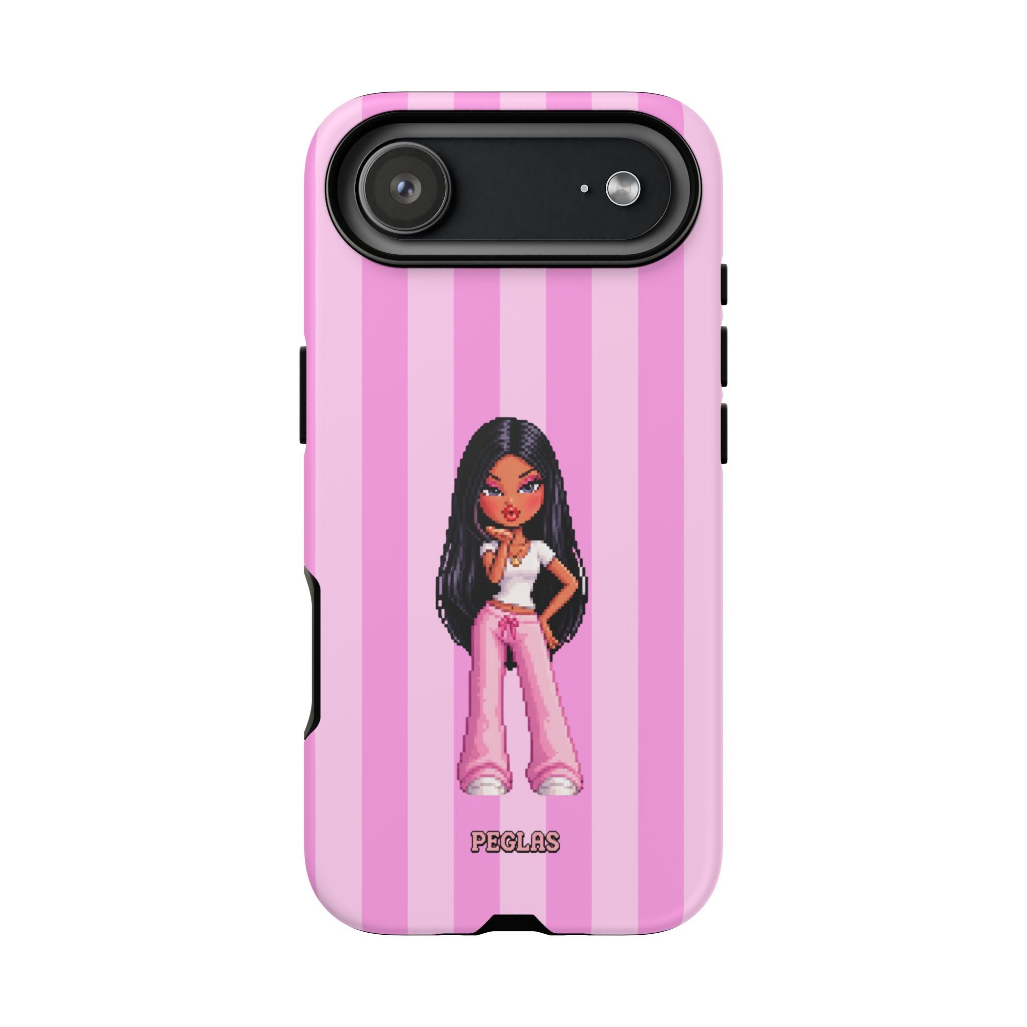 Pink Pixel Art Doll Phone Case — Y2K Baddie Girl Illustration