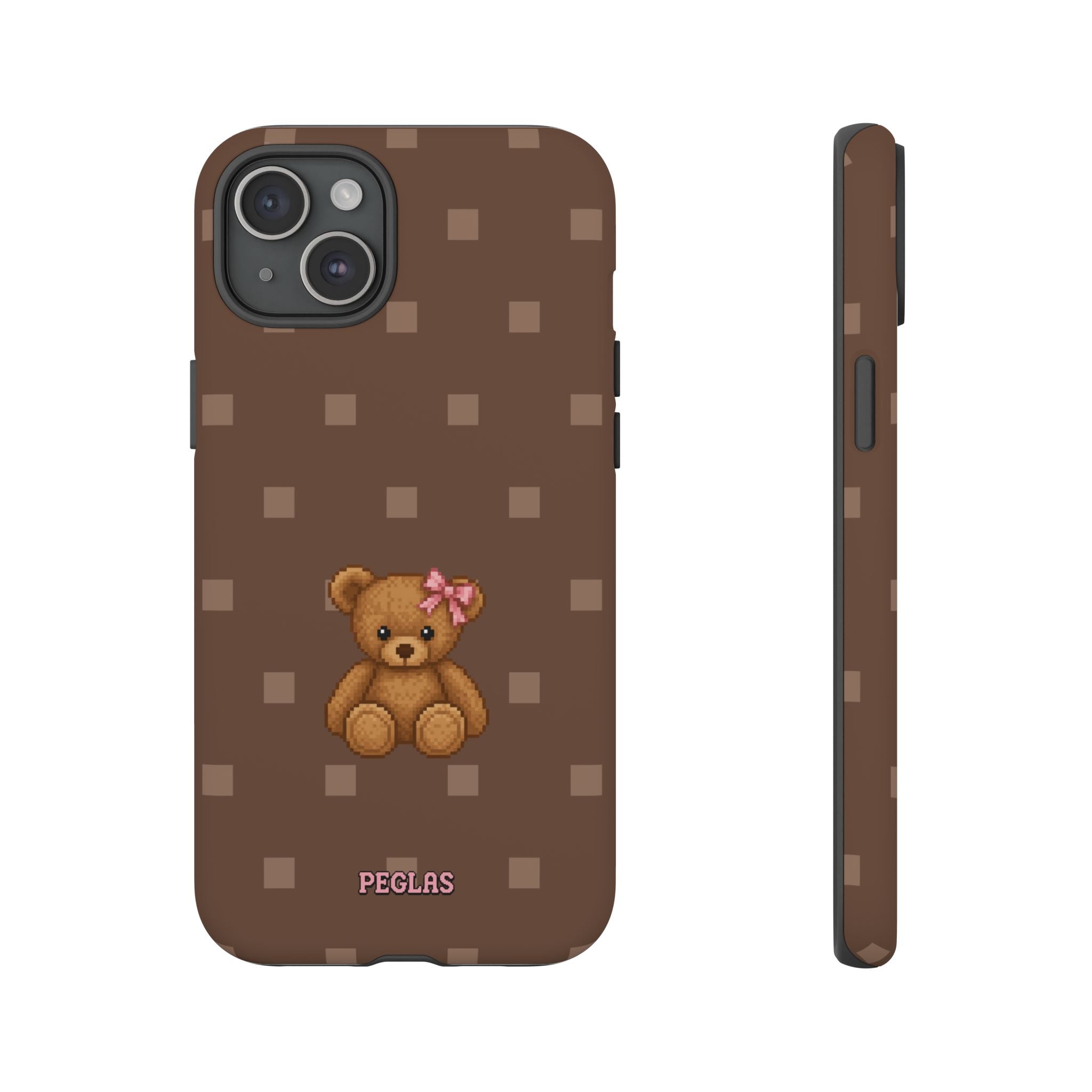 Teddy Bear Tough Phone Case — Cute Brown Polka Dot Protective Cover