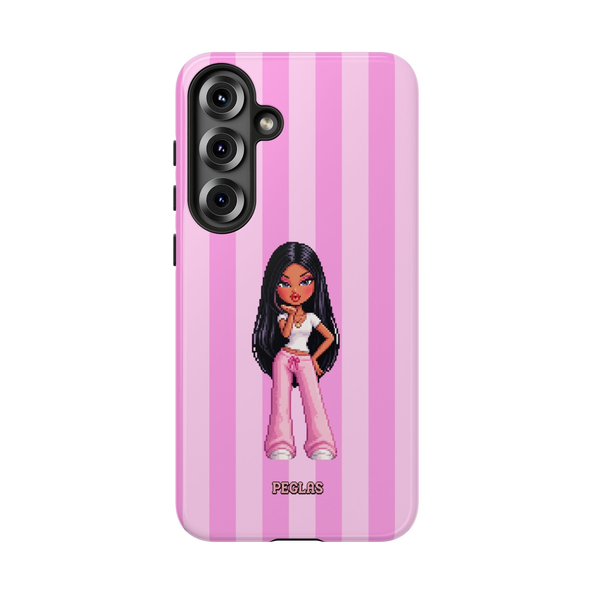 Pink Pixel Art Doll Phone Case — Y2K Baddie Girl Illustration