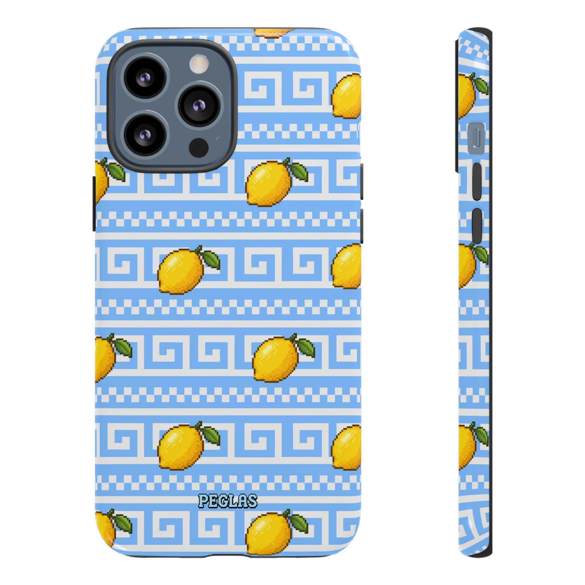 Lemon Greek Key Phone Case — Blue Citrus Pattern Tough Case