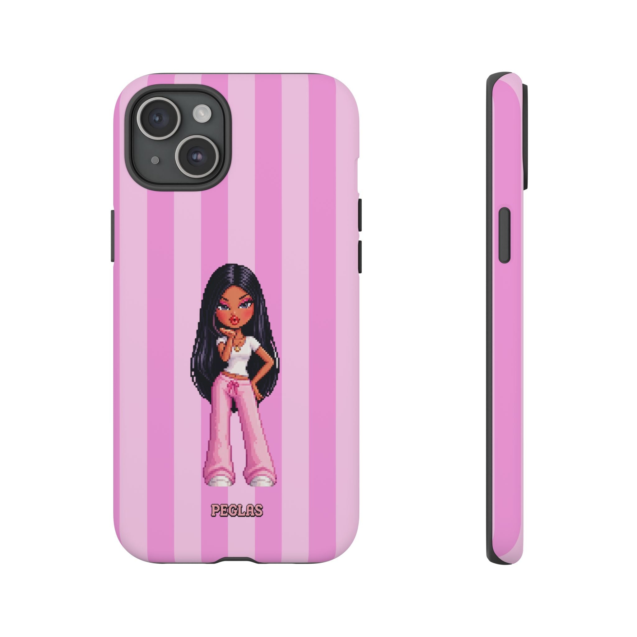 Pink Pixel Art Doll Phone Case — Y2K Baddie Girl Illustration