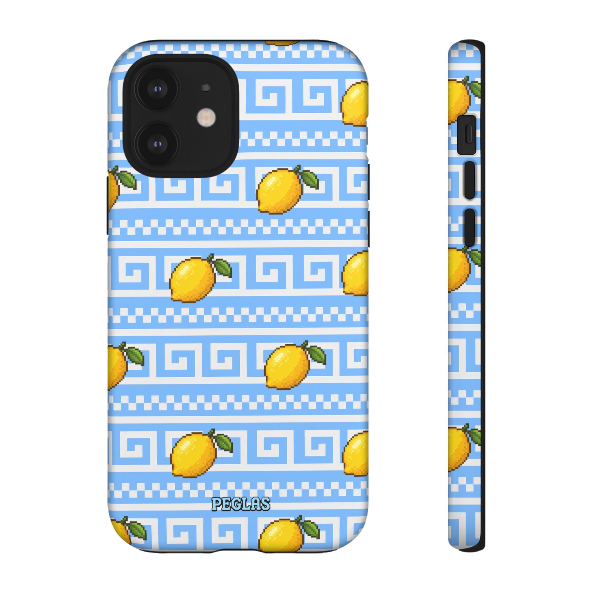 Lemon Greek Key Phone Case — Blue Citrus Pattern Tough Case