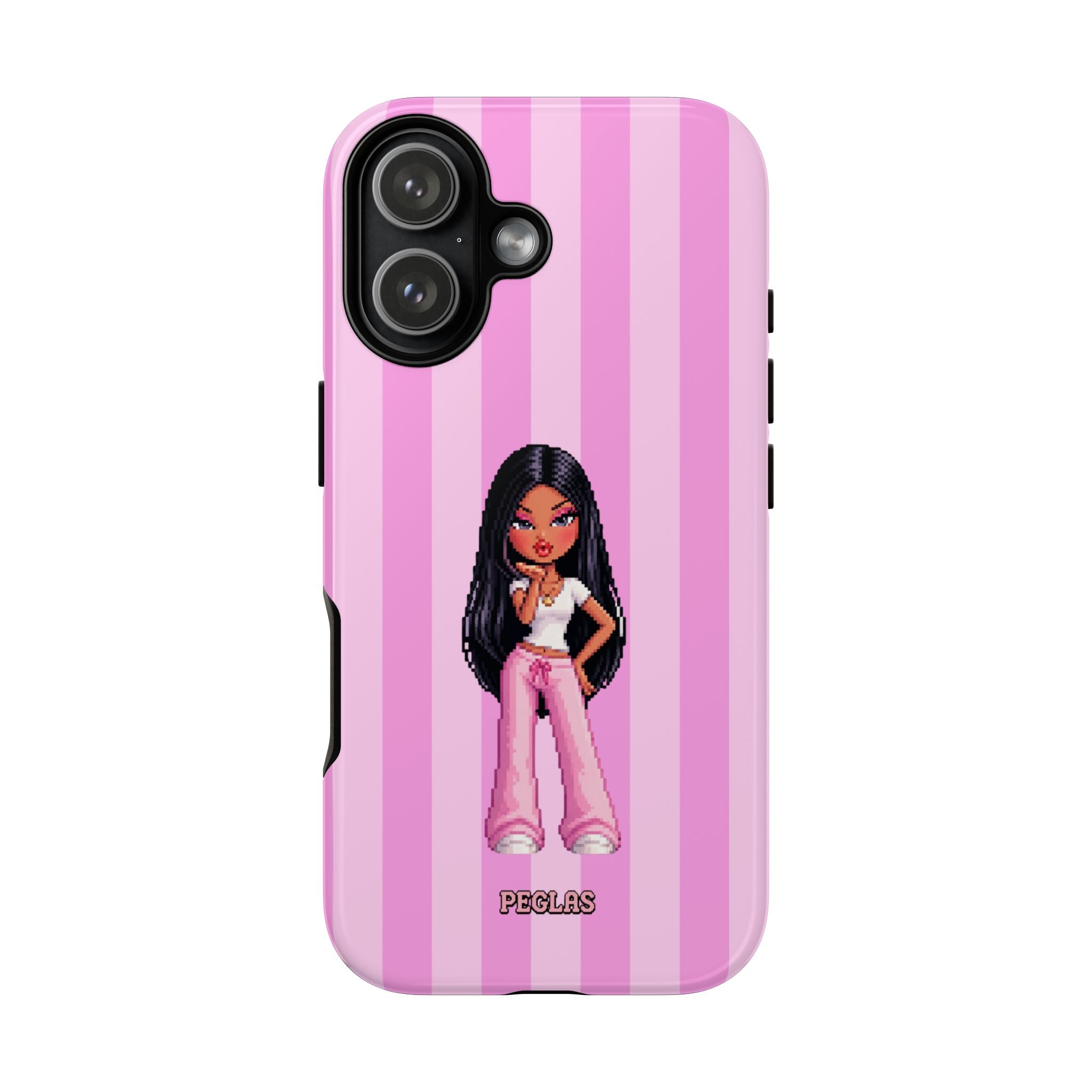 Pink Pixel Art Doll Phone Case — Y2K Baddie Girl Illustration