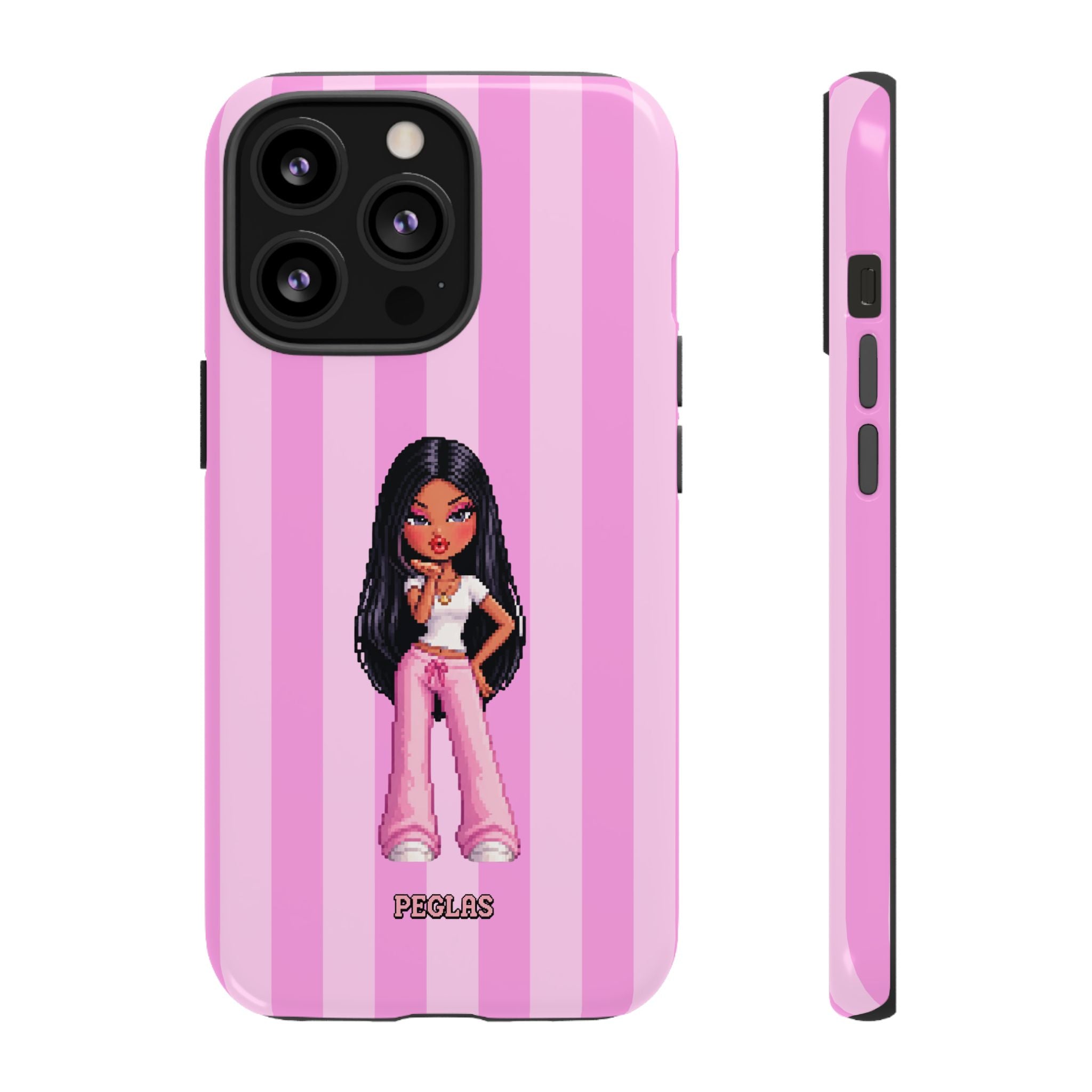 Pink Pixel Art Doll Phone Case — Y2K Baddie Girl Illustration