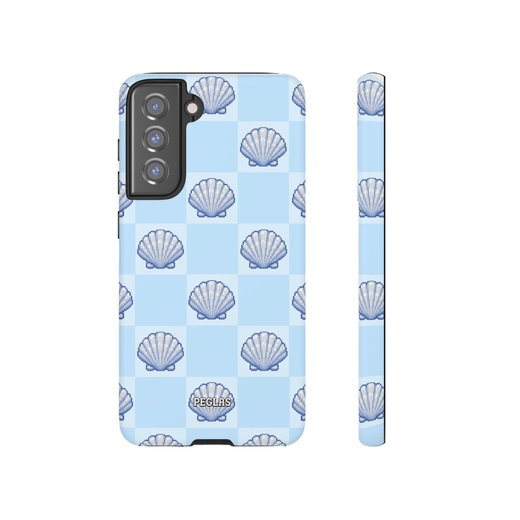 Shell Checkerboard Tough Phone Case — Light Blue Seashell Protective Cover