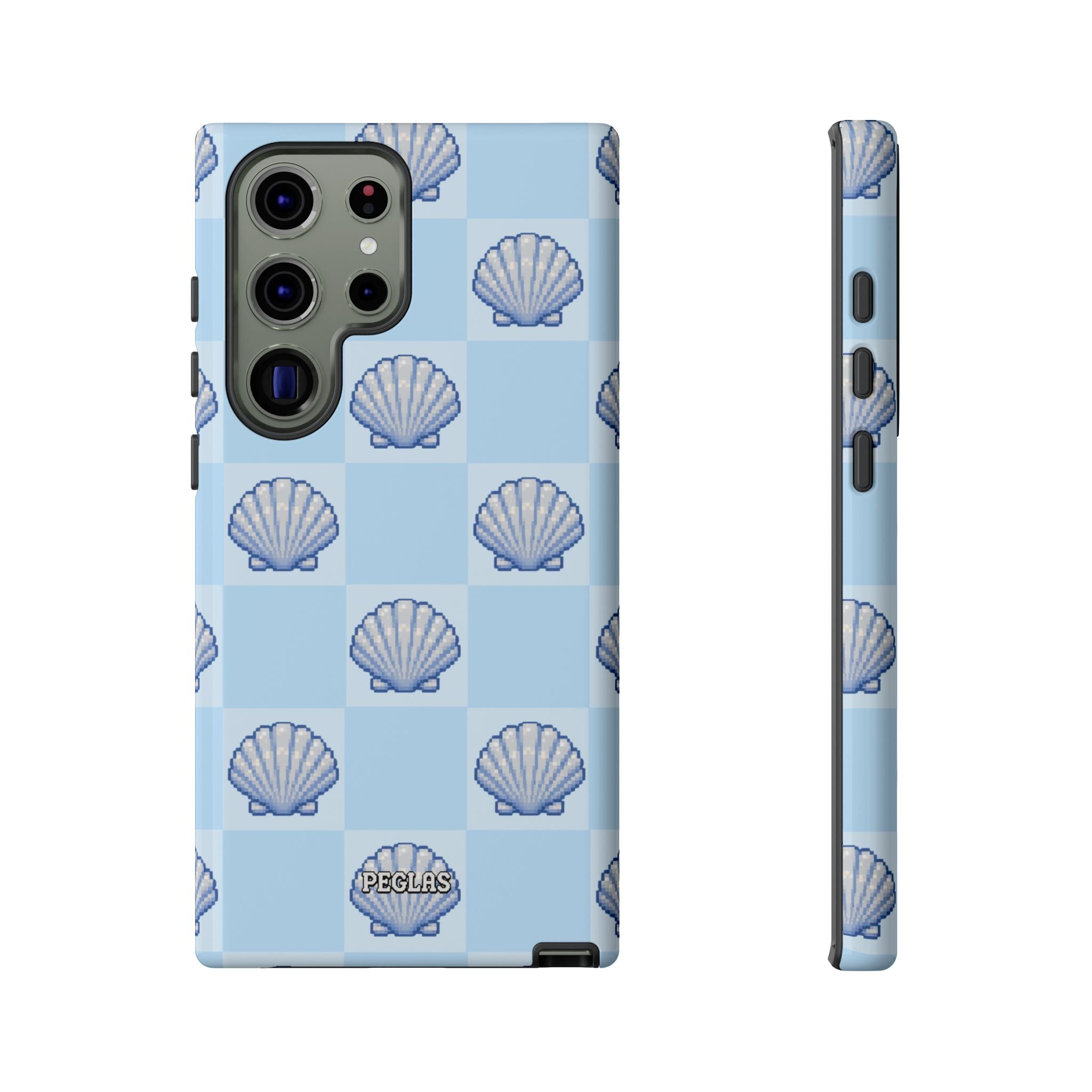 Shell Checkerboard Tough Phone Case — Light Blue Seashell Protective Cover