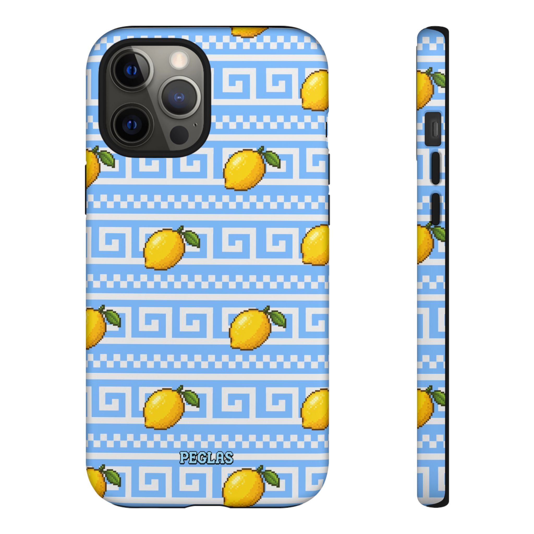 Lemon Greek Key Phone Case — Blue Citrus Pattern Tough Case